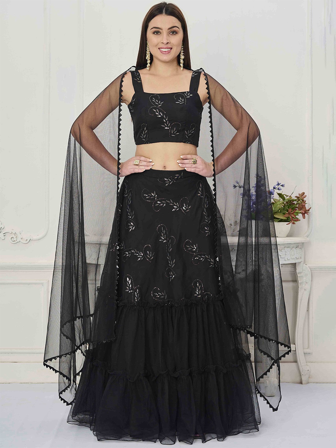 

Ethnovog Embroidered Sequinned Ready to Wear Lehenga & Blouse With Dupatta, Black