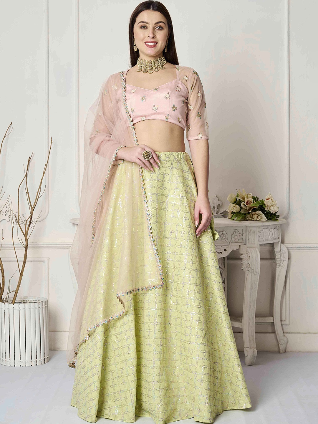 

Ethnovog Embellished Sequinned Cotton Net Ready to Wear Lehenga & Blouse With Dupatta, Green