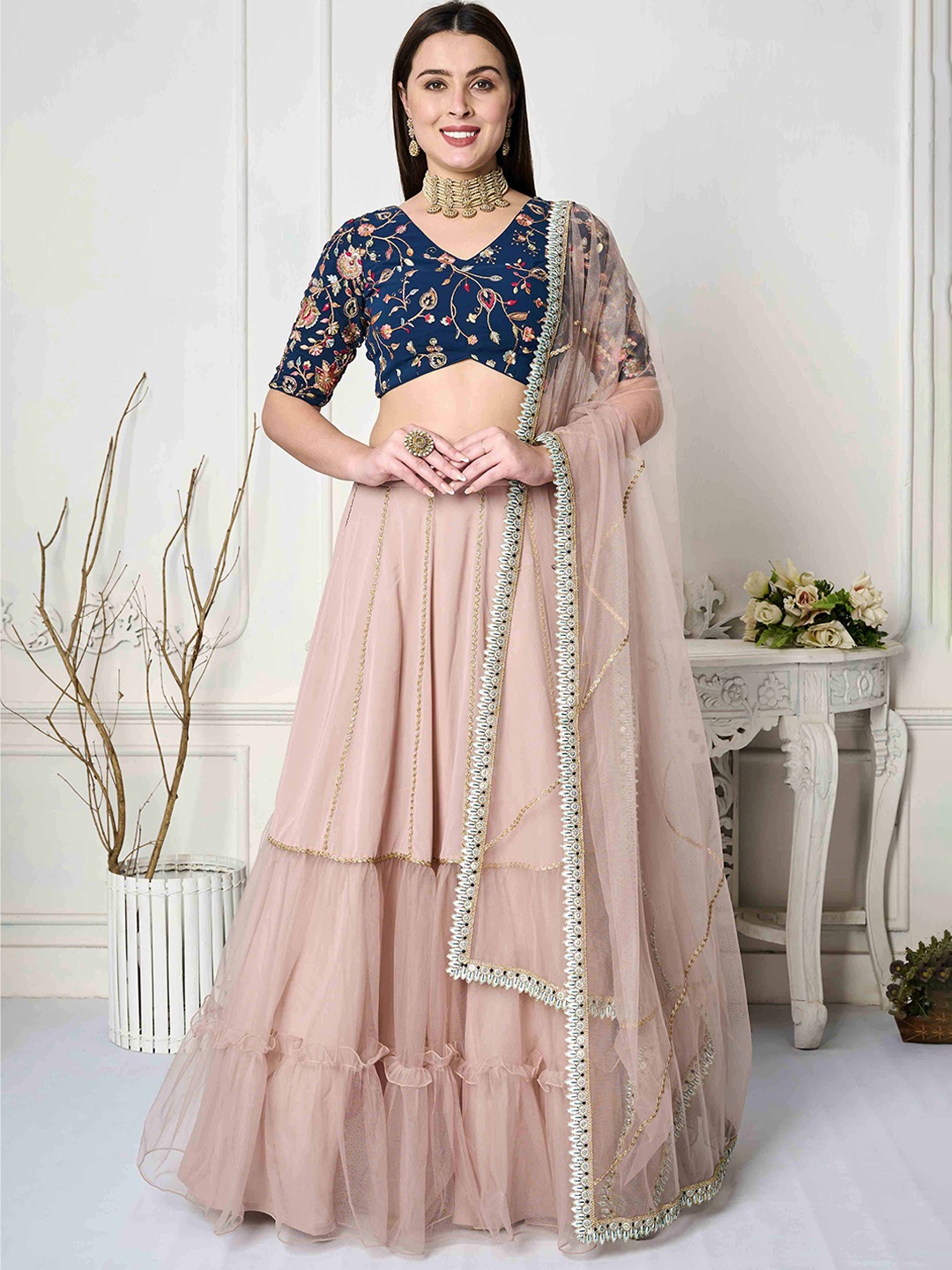 

Ethnovog Embroidered Thread Work Ready to Wear Lehenga & Blouse With Dupatta, Blue