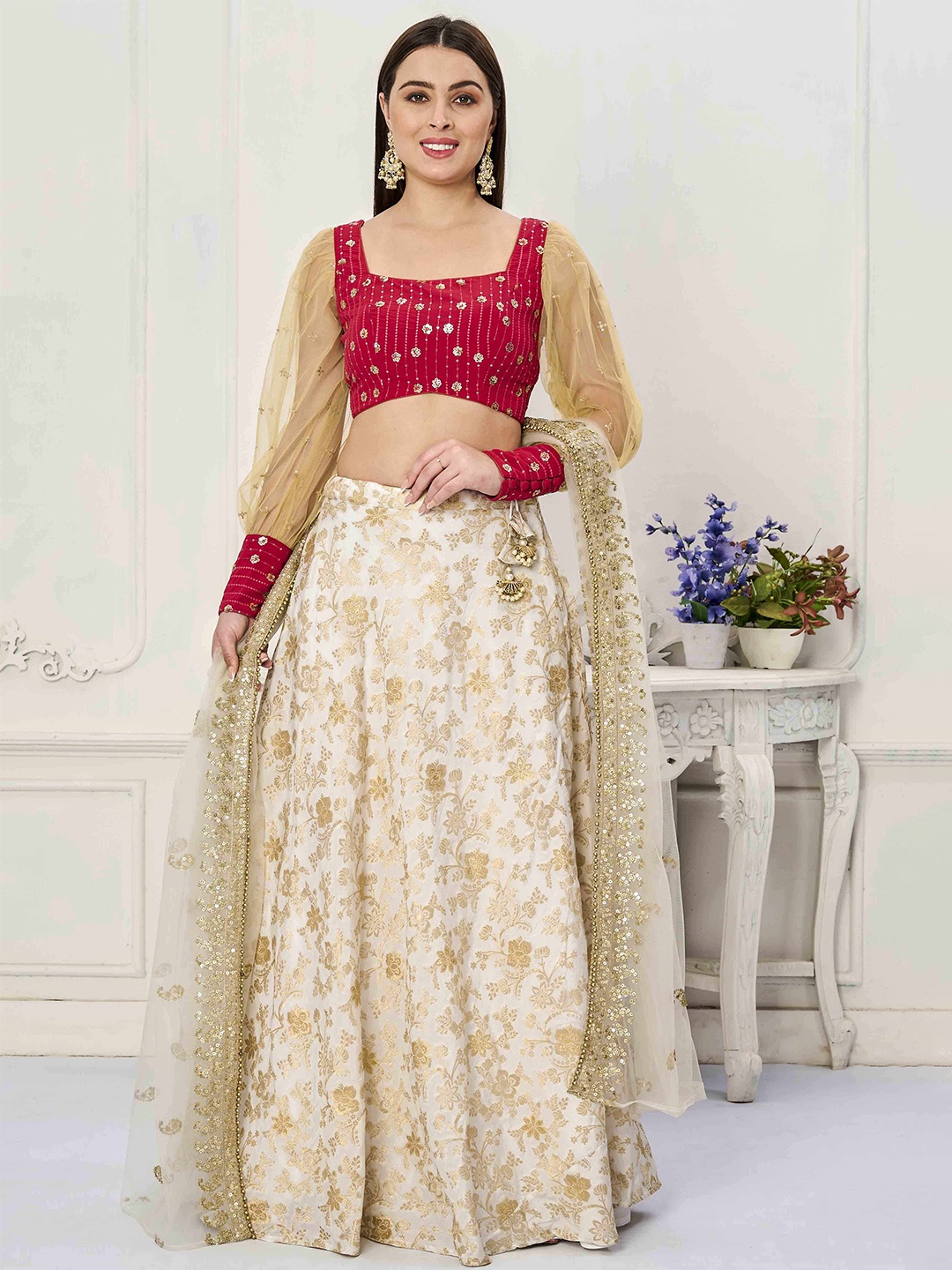 

Ethnovog Embellished Thread Work Ready to Wear Lehenga & Blouse With Dupatta, Pink
