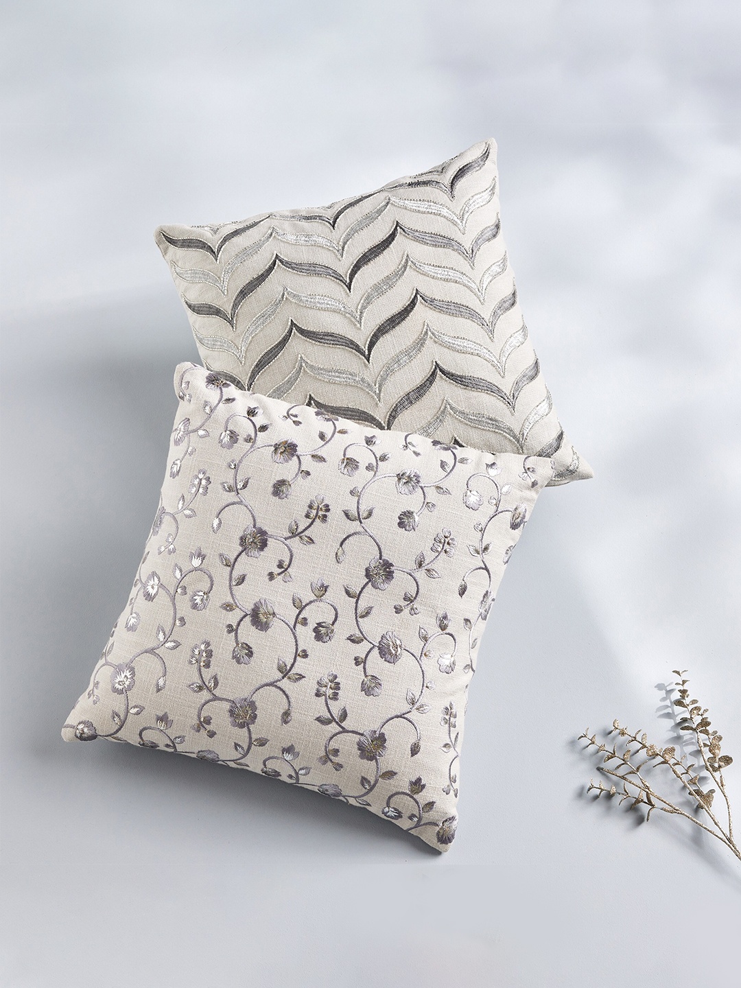 

Home Centre Grey & Silver-Toned Embroidered Cotton Square Cushion Cover