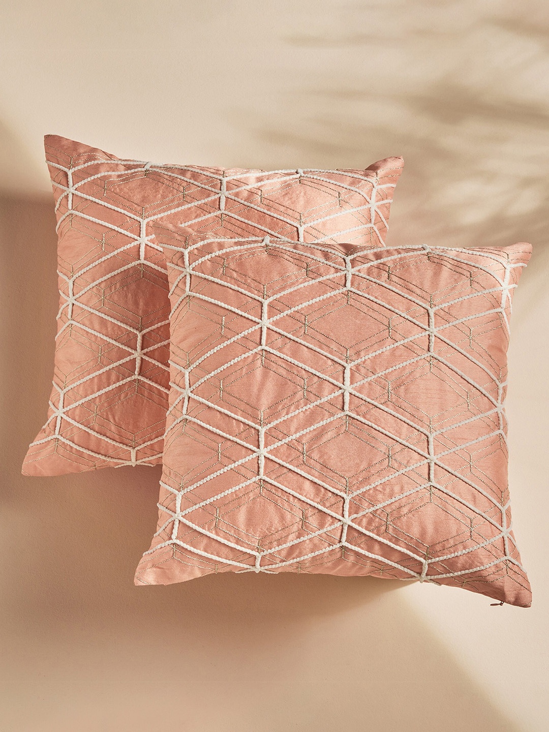 

Home Centre Peach-Coloured & Gold-Toned 2 Pieces Embroidered Square Cushion Covers