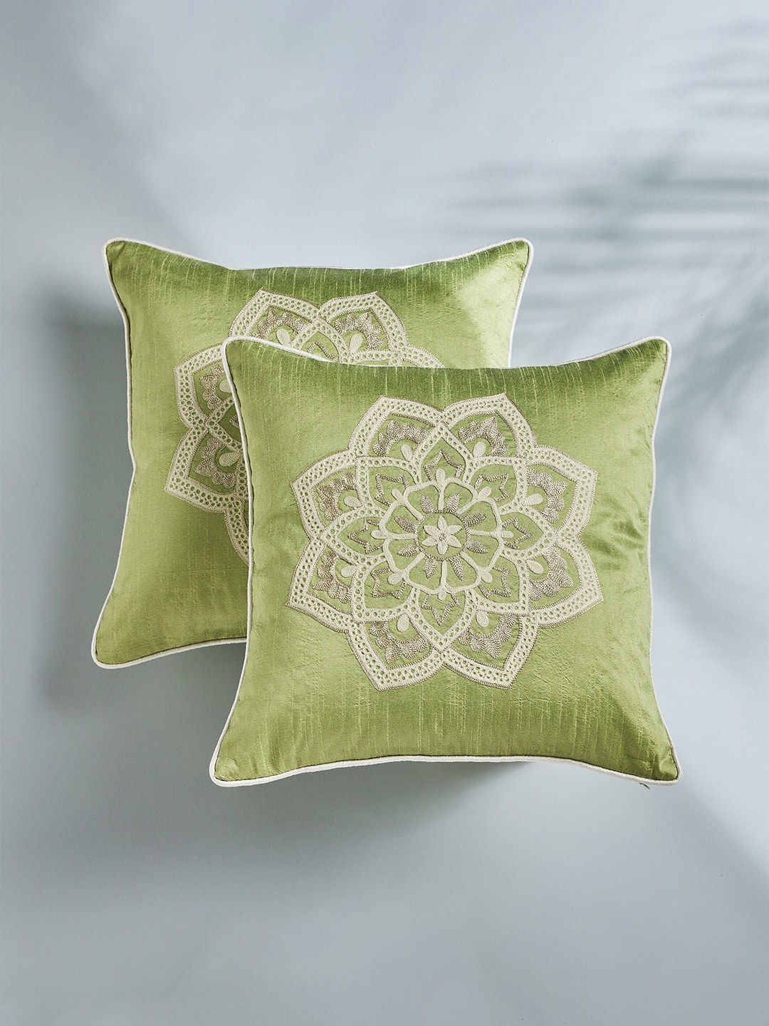 

Home Centre Green & White 2 Pieces Embroidered Square Cushion Covers