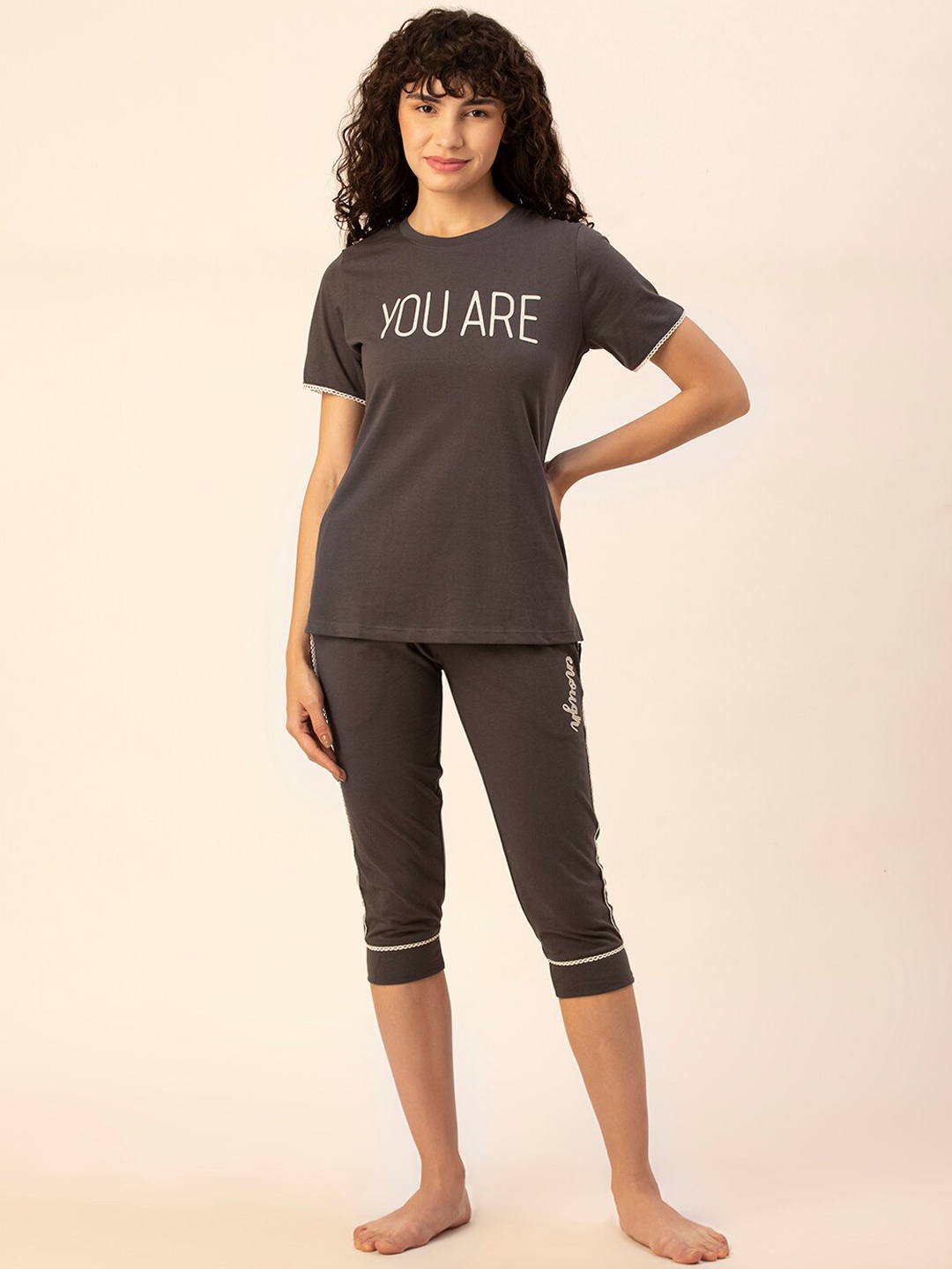 

TITTLI Typography Printed Pure Cotton Night suit, Grey