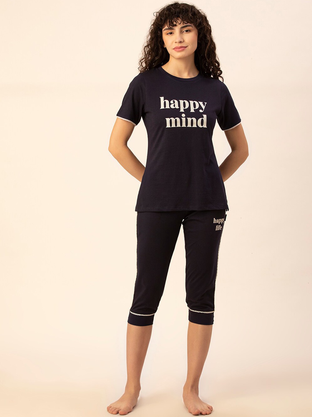 

TITTLI Typography Printed Pure Cotton T-Shirt & Capris Night suit, Navy blue