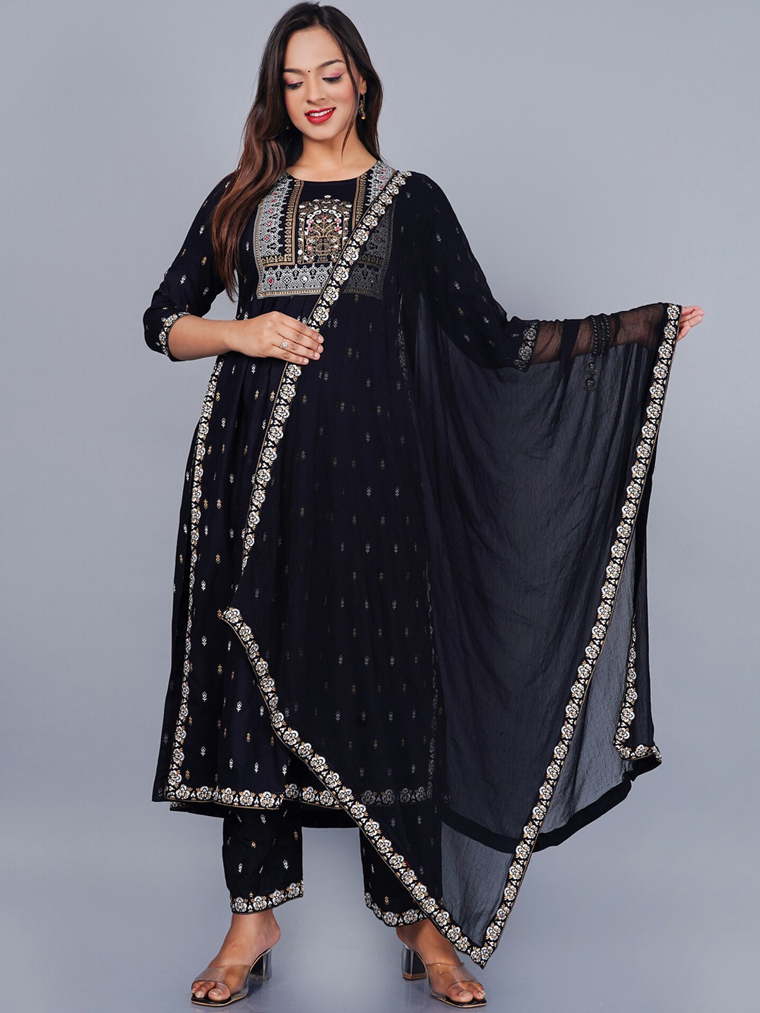 

KALINI Ethnic Motifs Printed High Slit Kurta With Trousers & Dupatta, Black