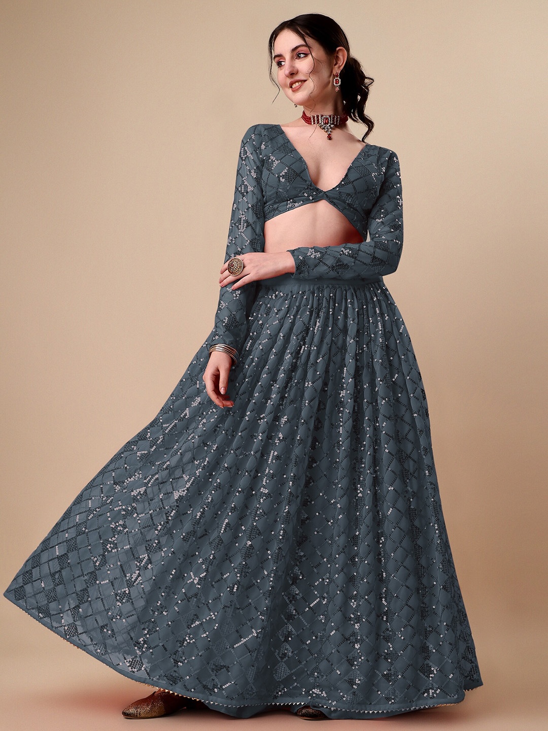 

Vaidehi Fashion Embroidered Ready to Wear Lehenga & Unstitched Blouse With Dupatta, Grey