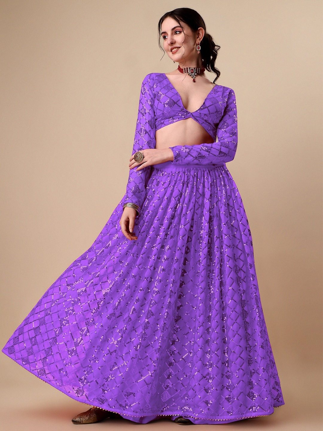 

Vaidehi Fashion Embellished Ready to Wear Lehenga & Unstitched Blouse With Dupatta, Lavender