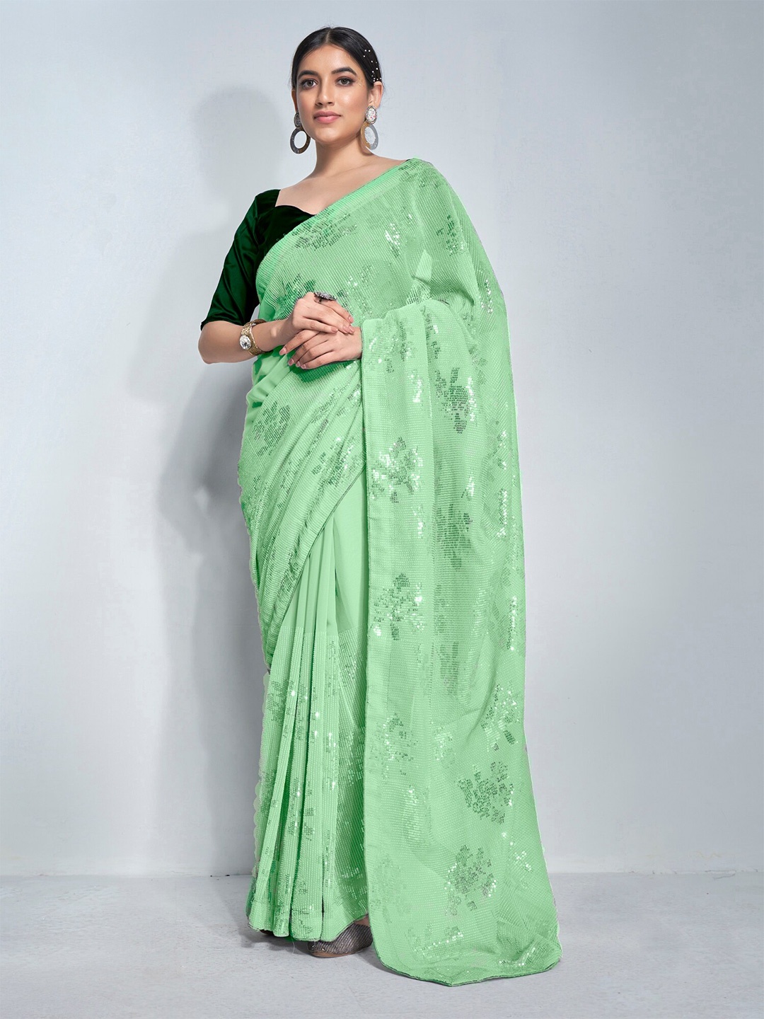 

Kalista Embellished Sequinned Pure Georgette Saree, Green