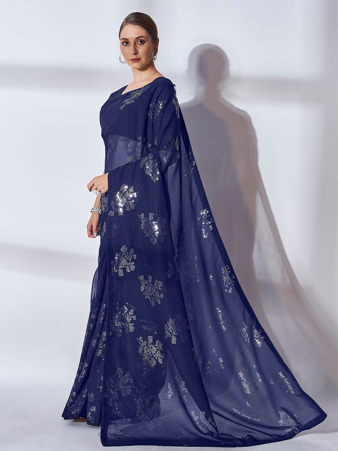 

Kalista Embellished Sequinned Pure Georgette Saree, Navy blue