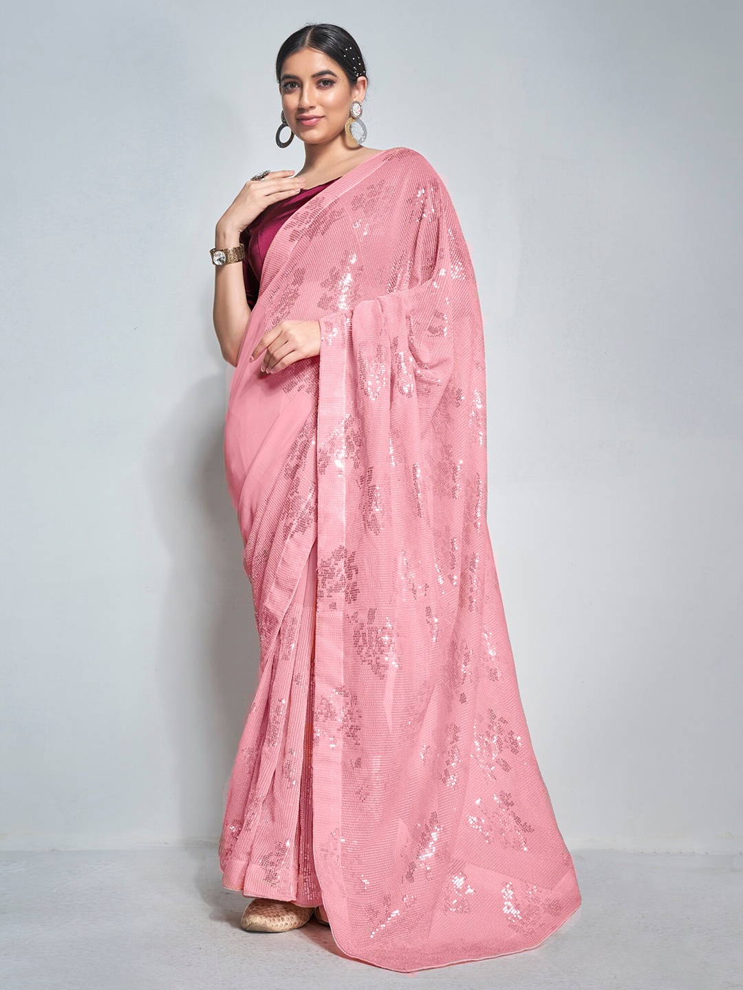 

Kalista Embellished Sequinned Pure Georgette Saree, Pink