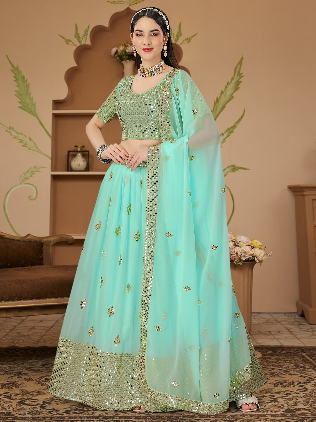 

Angroop Sequinned Embroidered Semi-Stitched Lehenga & Unstitched Blouse With Dupatta, Turquoise blue