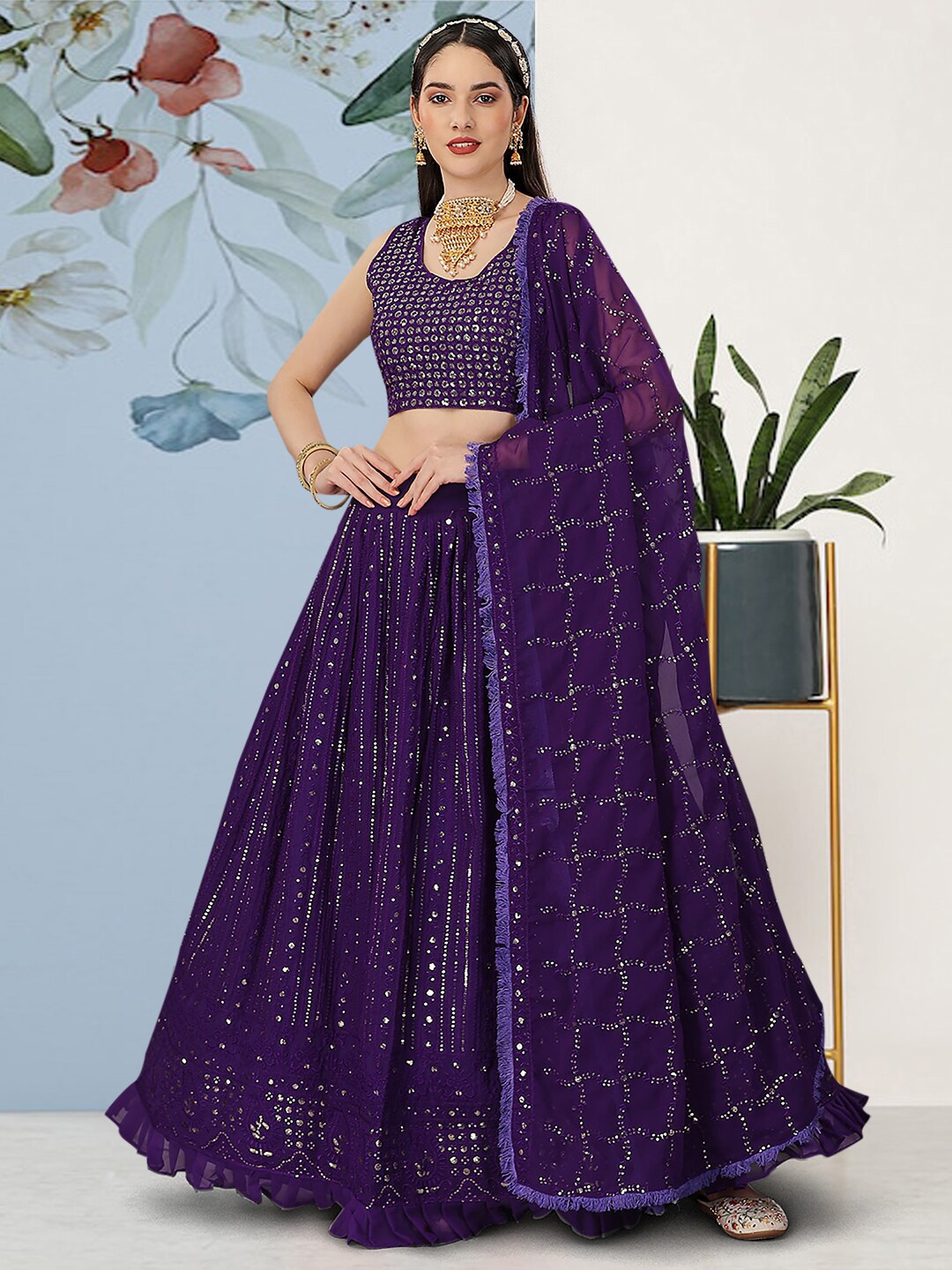 

Angroop Embellished Sequinned Semi-Stitched Lehenga & Unstitched Blouse With Dupatta, Purple