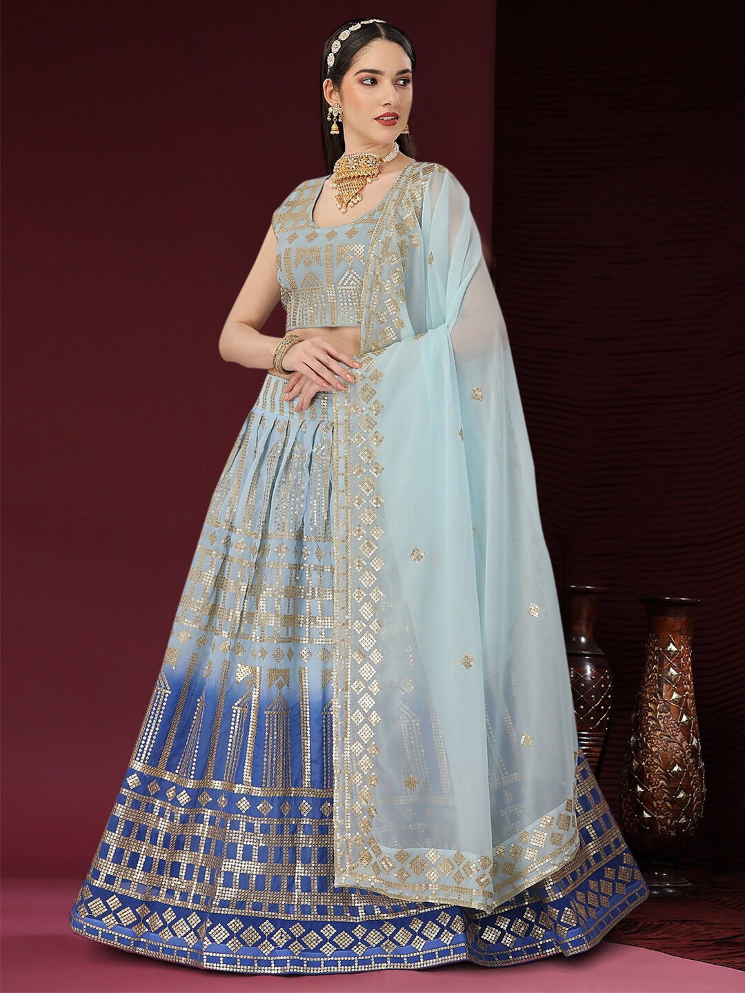 

Angroop Embroidered Sequinned Semi-Stitched Lehenga & Unstitched Blouse With Dupatta, Blue