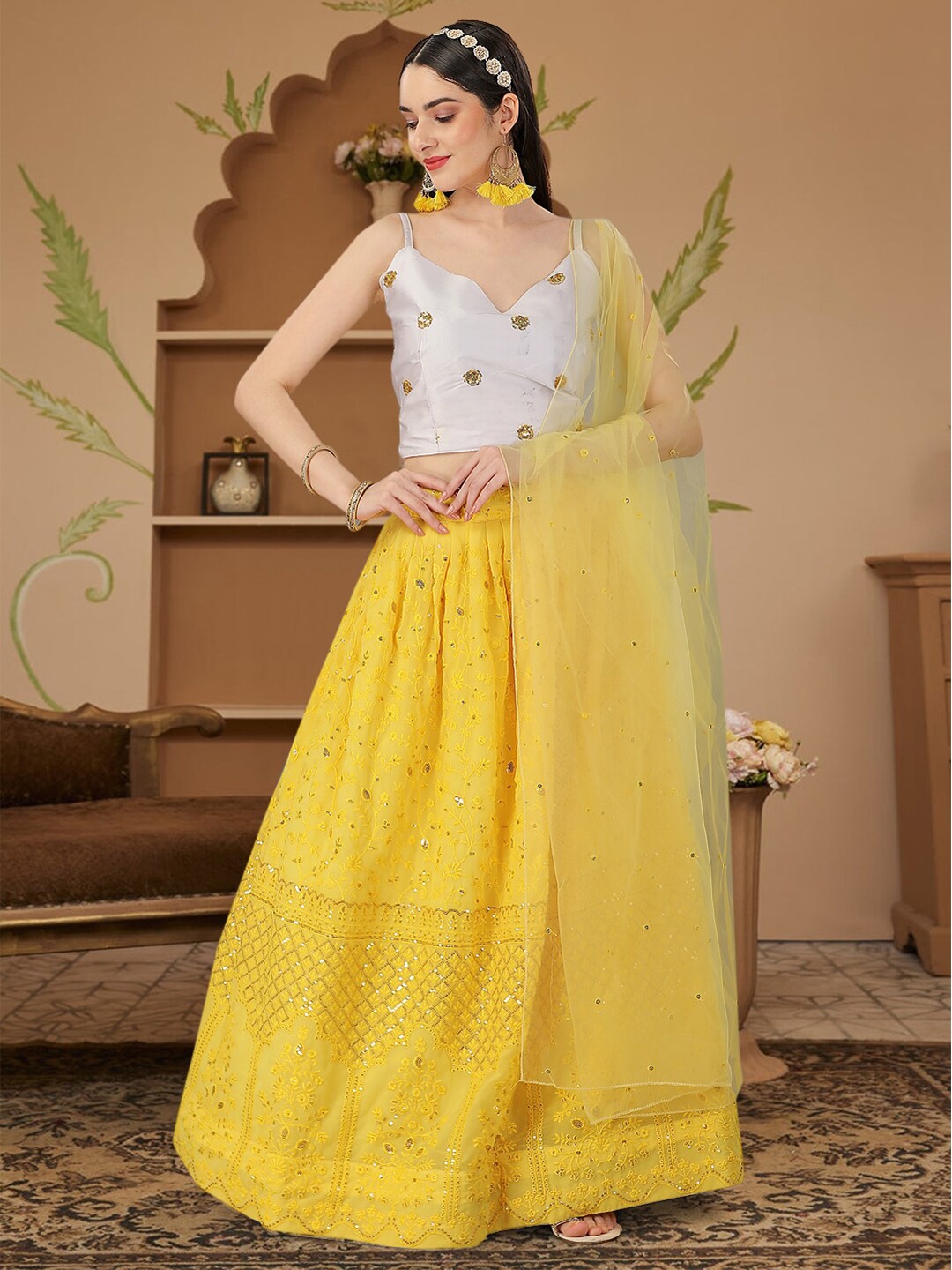 

Angroop Embroidered Sequinned Semi-Stitched Lehenga & Unstitched Blouse With Dupatta, Yellow