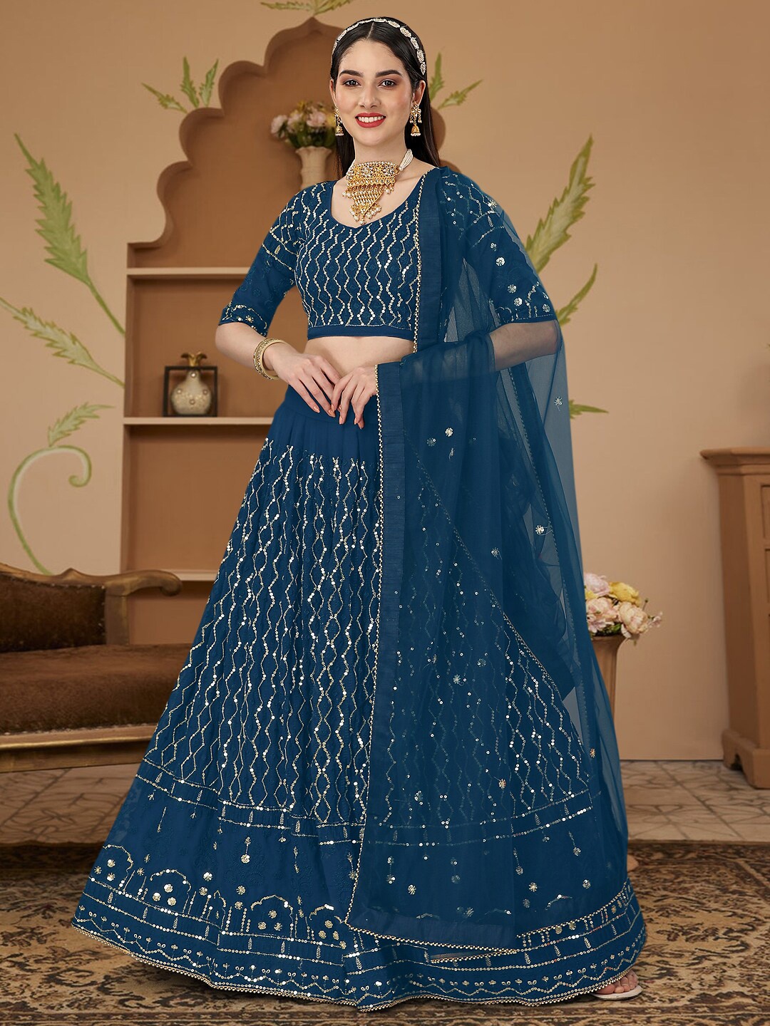 

Angroop Embroidered Sequinned Semi-Stitched Lehenga & Unstitched Blouse With Dupatta, Blue
