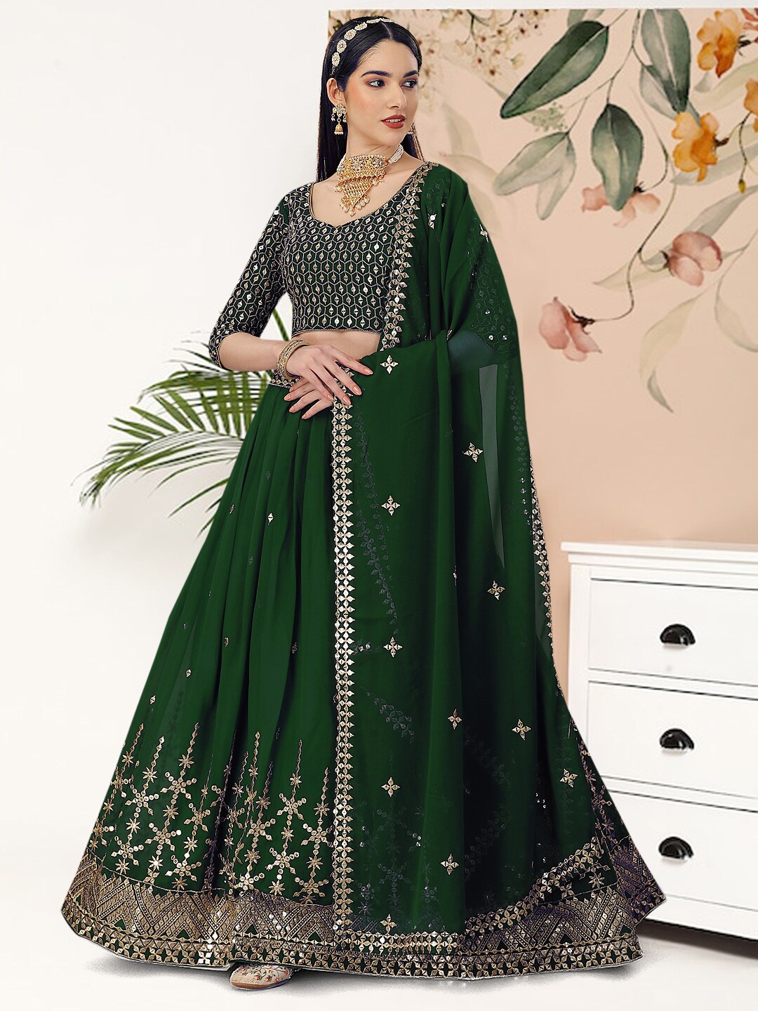 

Angroop Sequinned Embroidered Semi-Stitched Lehenga & Unstitched Blouse With Dupatta, Green