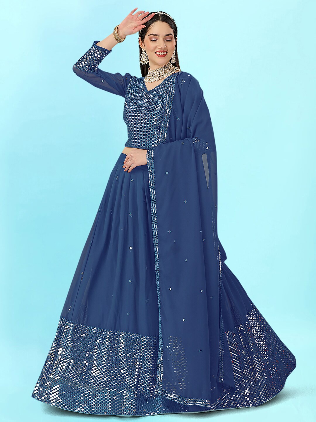 

Angroop Embroidered Sequinned Semi-Stitched Lehenga & Unstitched Blouse With Dupatta, Blue