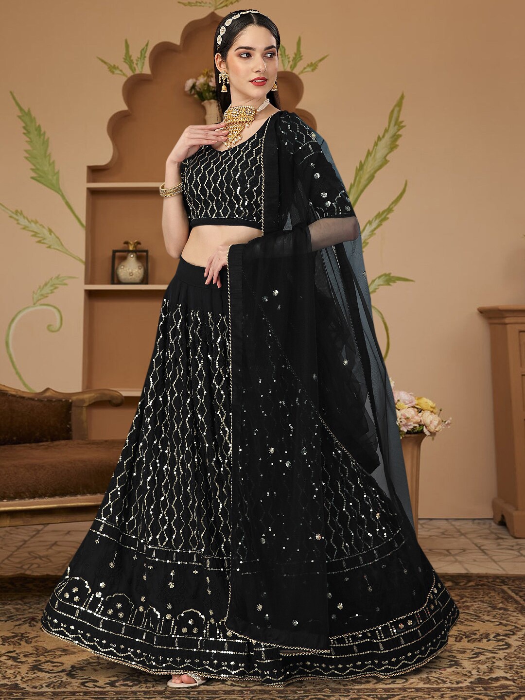 

Angroop Sequinned Embroidered Semi-Stitched Lehenga & Unstitched Blouse With Dupatta, Black