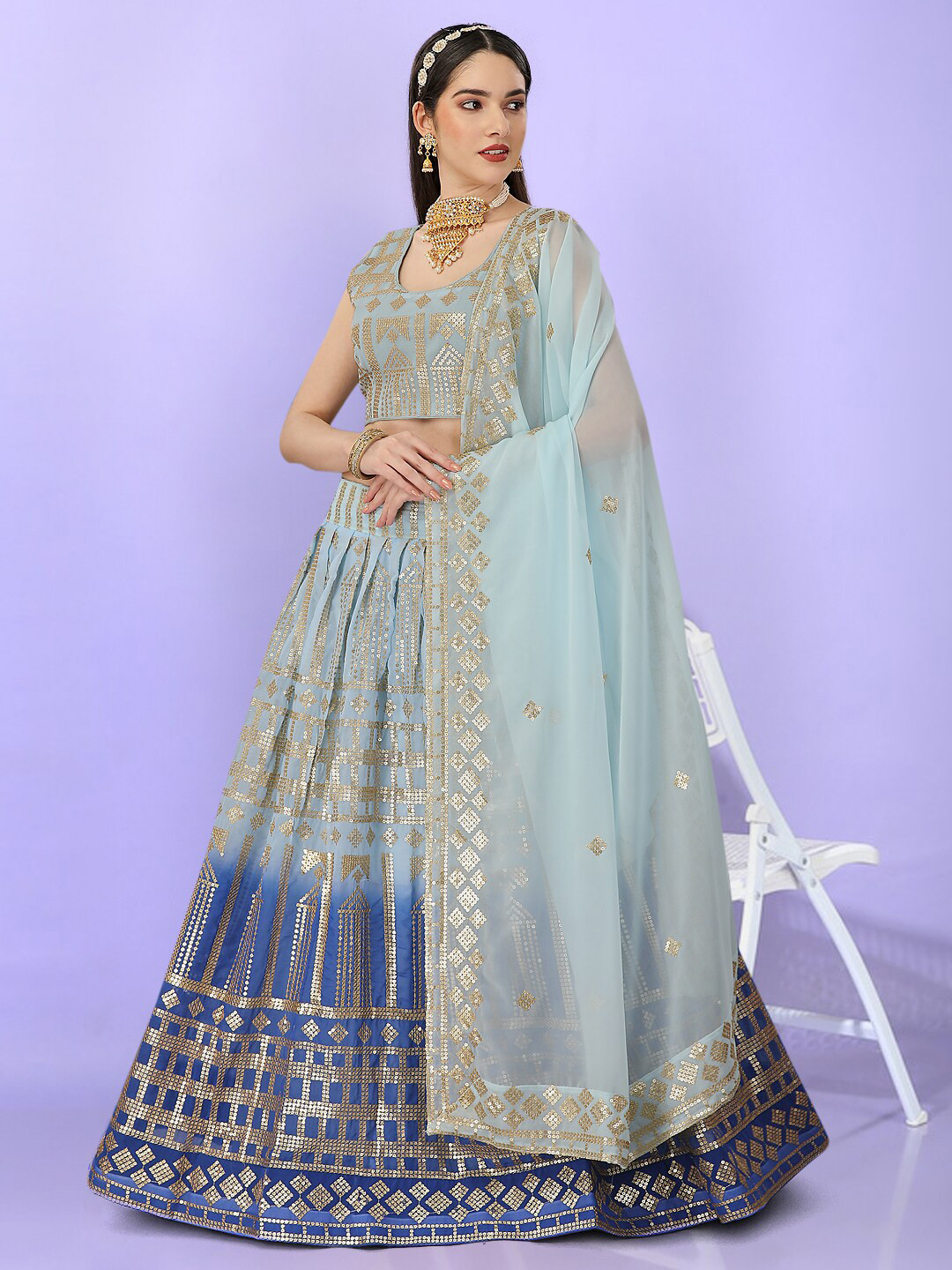 

Angroop Sequinned Embroidered Semi-Stitched Lehenga & Unstitched Blouse With Dupatta, Blue