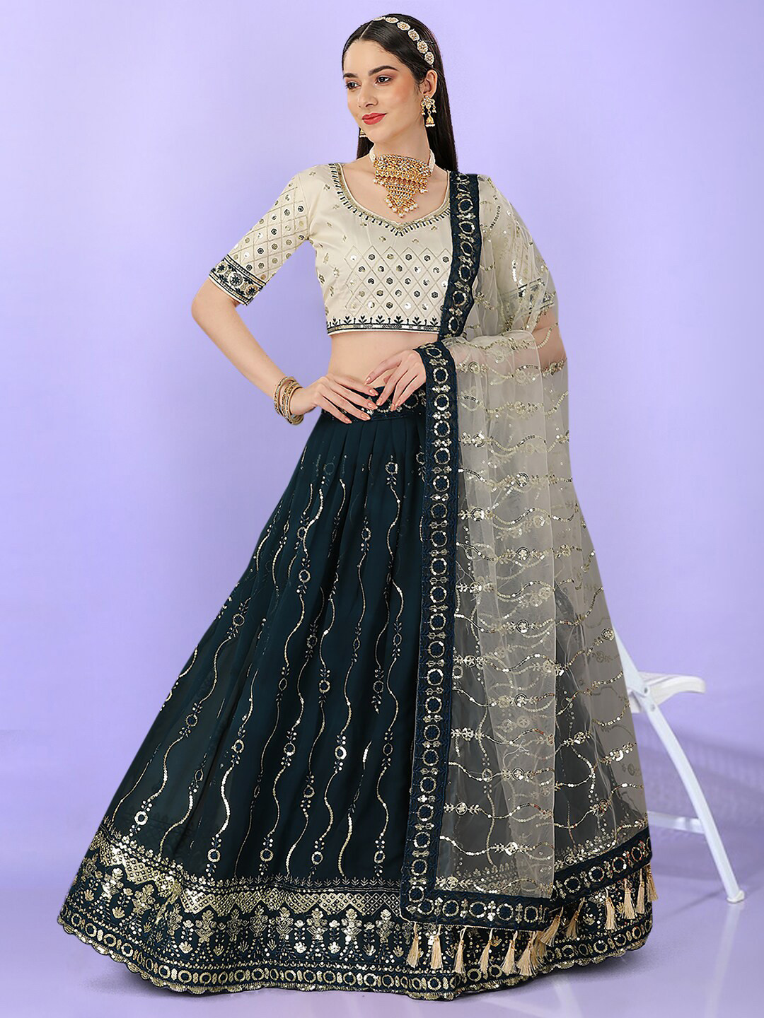

Angroop Sequinned Embroidered Semi-Stitched Lehenga & Unstitched Blouse With Dupatta, Navy blue