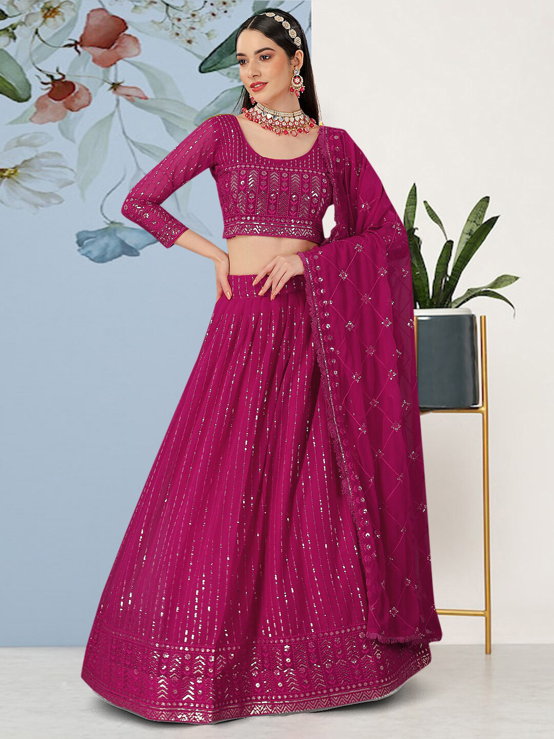 

Angroop Sequinned Embroidered Semi-Stitched Lehenga & Unstitched Blouse With Dupatta, Pink