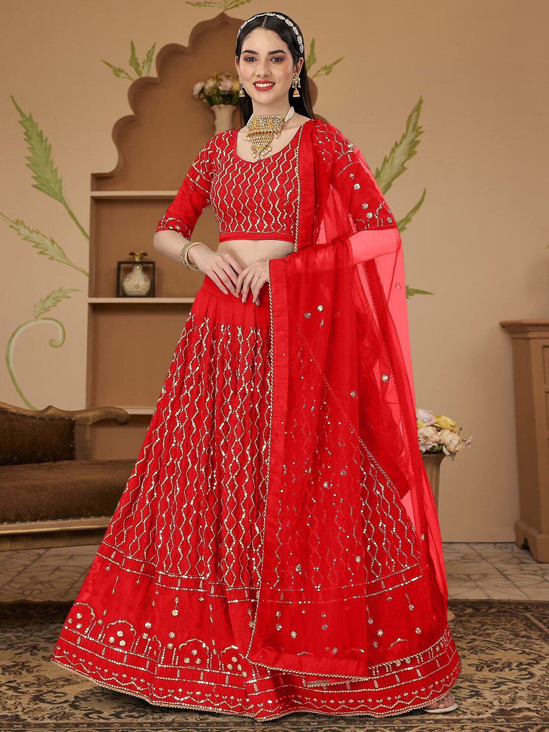 

Angroop Embroidered Sequinned Semi-Stitched Lehenga & Unstitched Blouse With Dupatta, Red