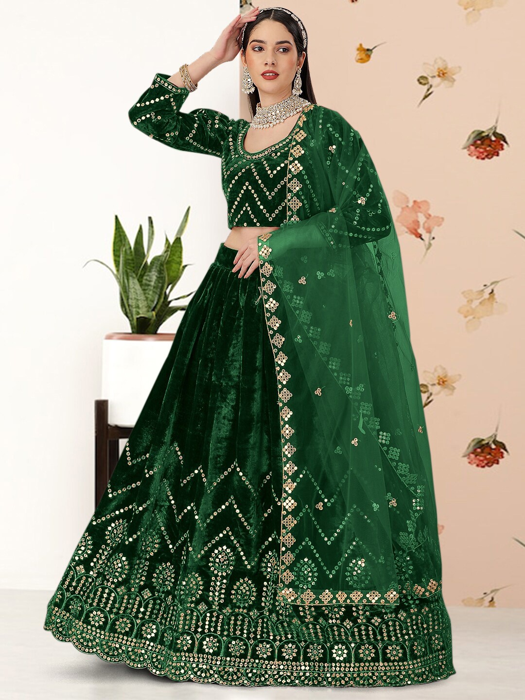 

Angroop Embroidered Sequinned Semi-Stitched Lehenga & Unstitched Blouse With Dupatta, Green