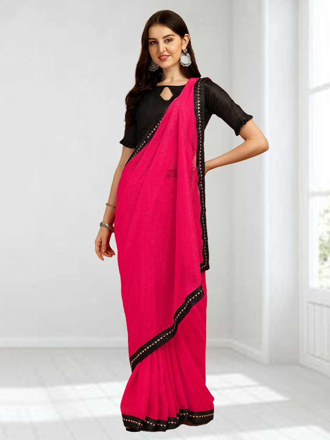 

N N ENTERPRISE Embellished Silk Blend Saree, Pink