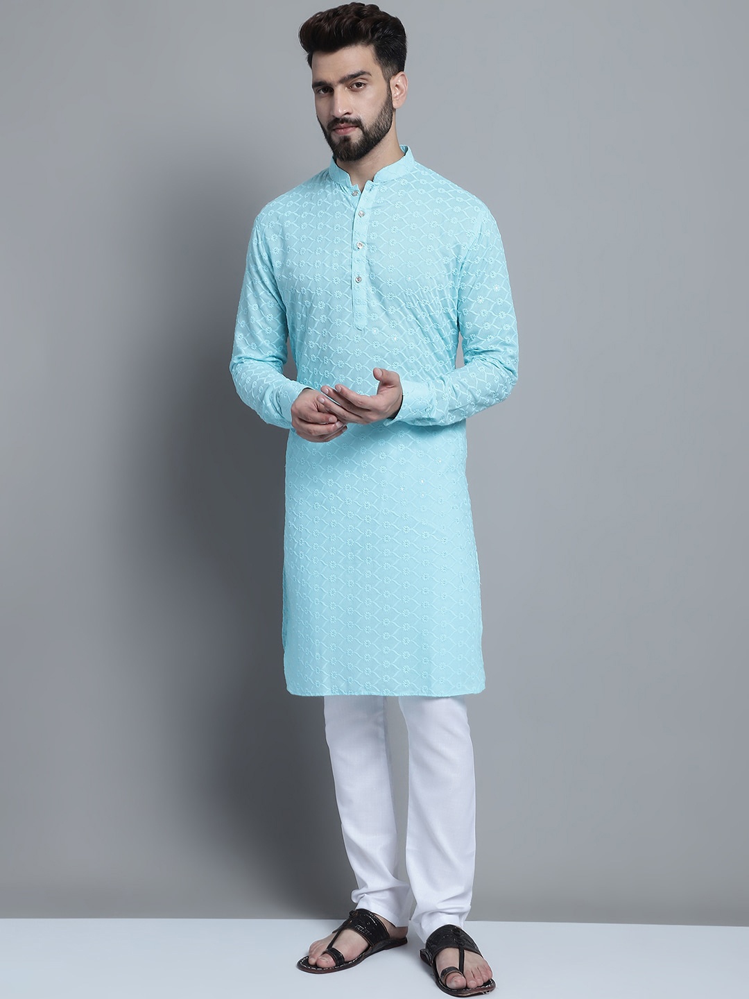 

TREEMODA Floral Embroidered Mandarin Collar Chikankari Straight Kurta, Blue