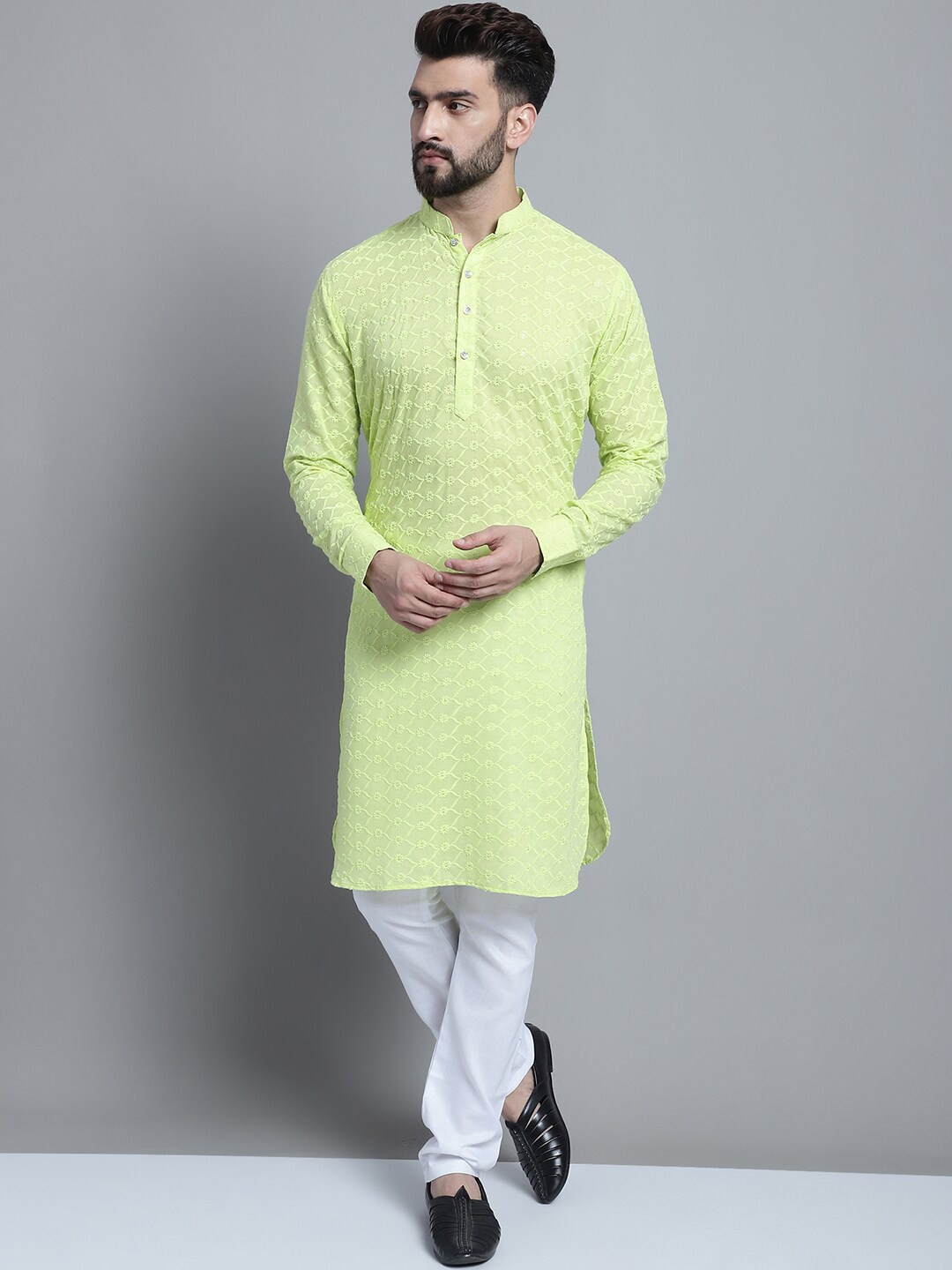 

TREEMODA Floral Embroidered Mandarin Collar Chikankari Straight Kurta, Lime green