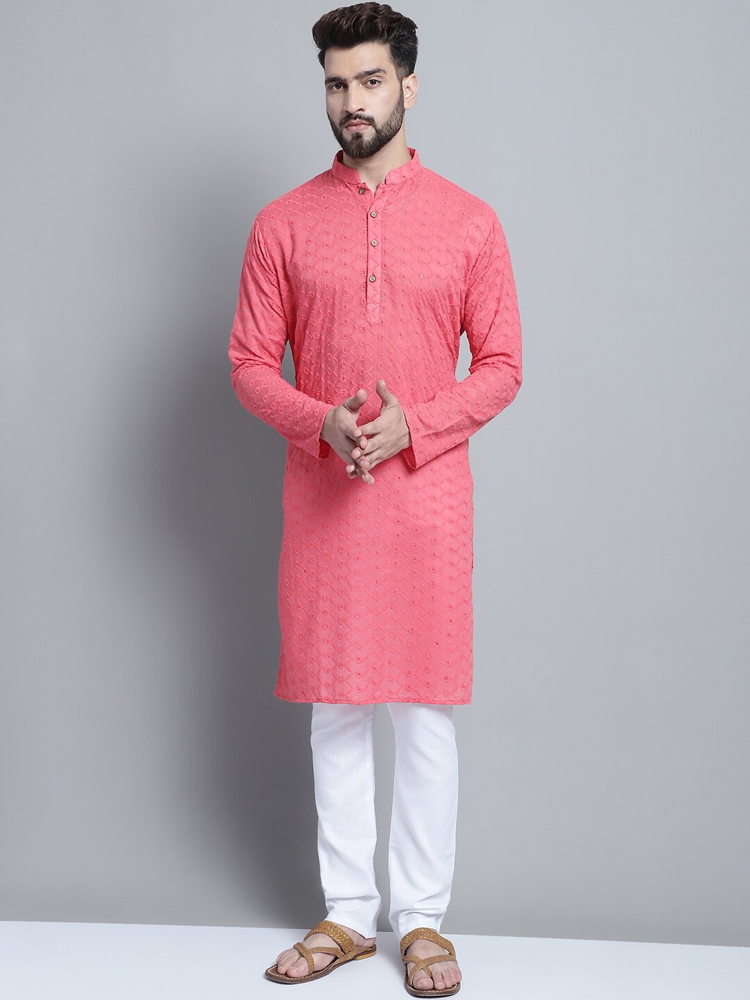 

TREEMODA Floral Embroidered Mandarin Collar Chikankari Straight Kurta, Coral