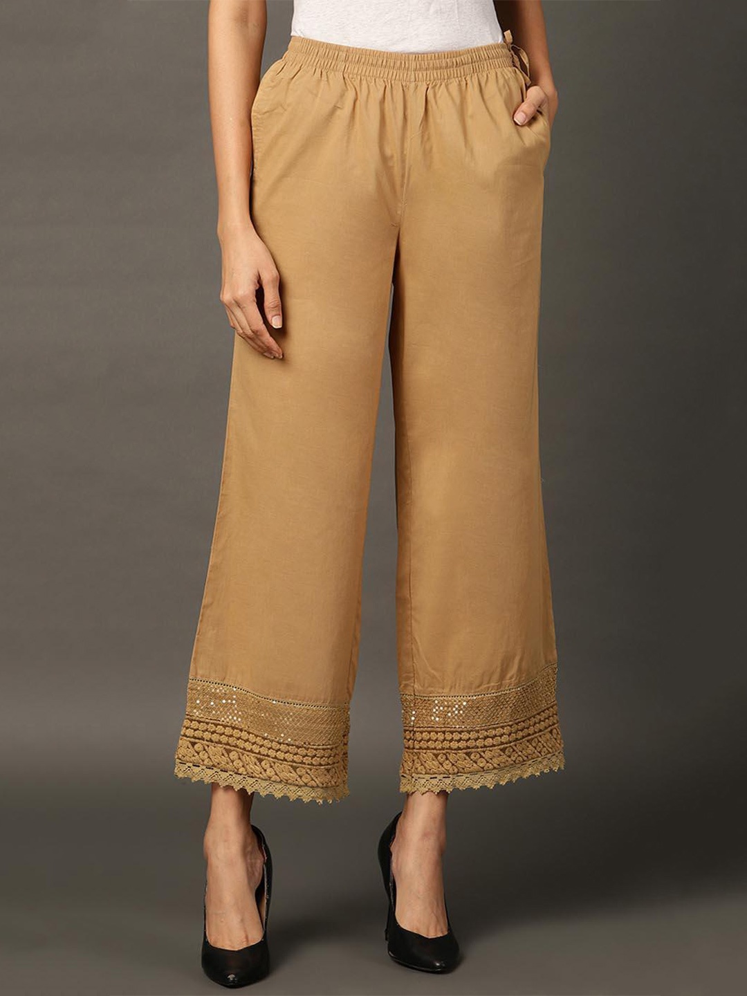

Lakshita Ethnic Motifs Hem Design Pure Cotton Straight Palazzos, Beige
