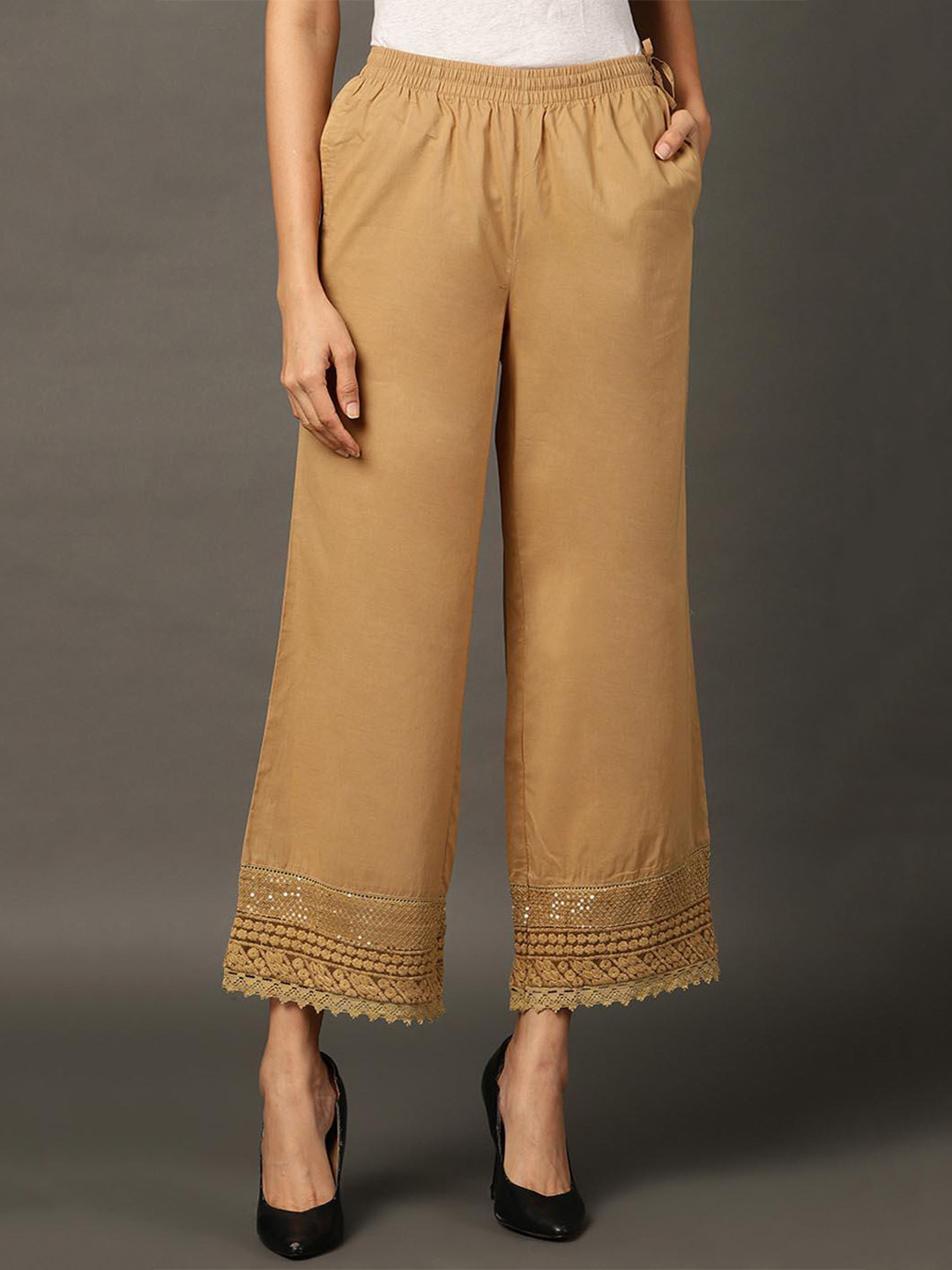 

Lakshita Ethnic Motifs Hem Design Pure Cotton Straight Palazzos, Beige