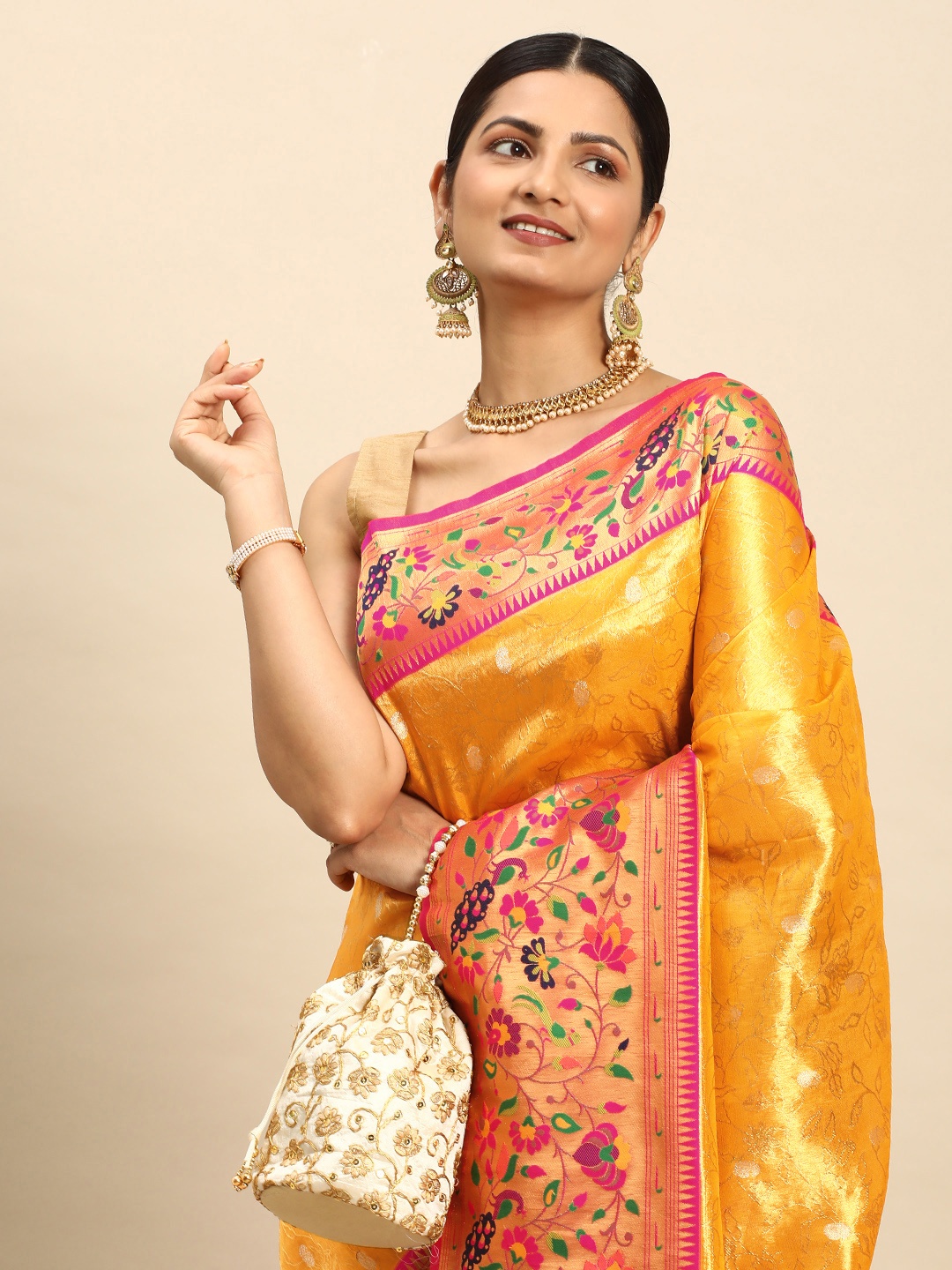 

Mitera Floral Zari Paithani Saree, Yellow