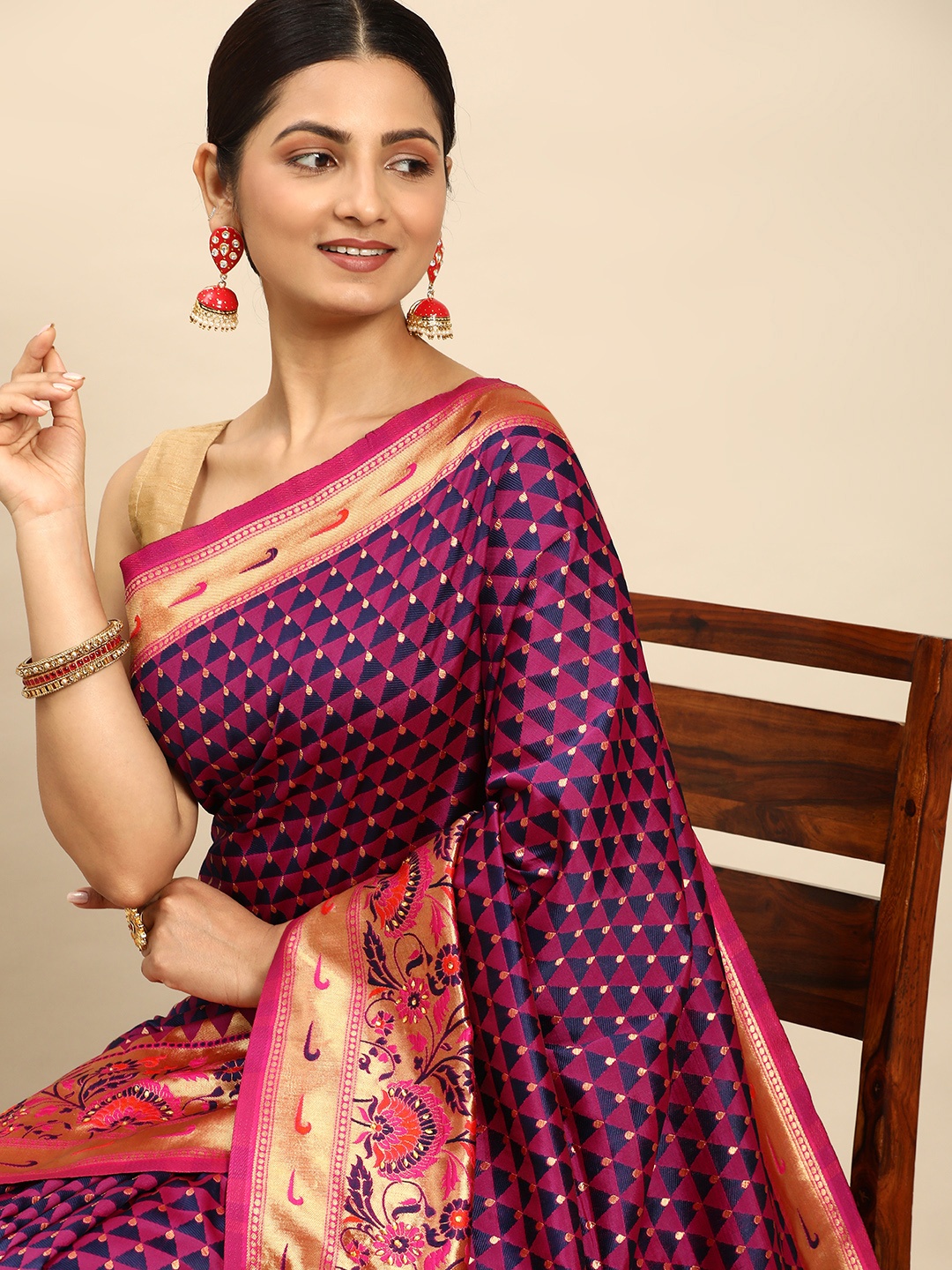 

Mitera Geometric Woven Design Beads & Stones Saree, Purple