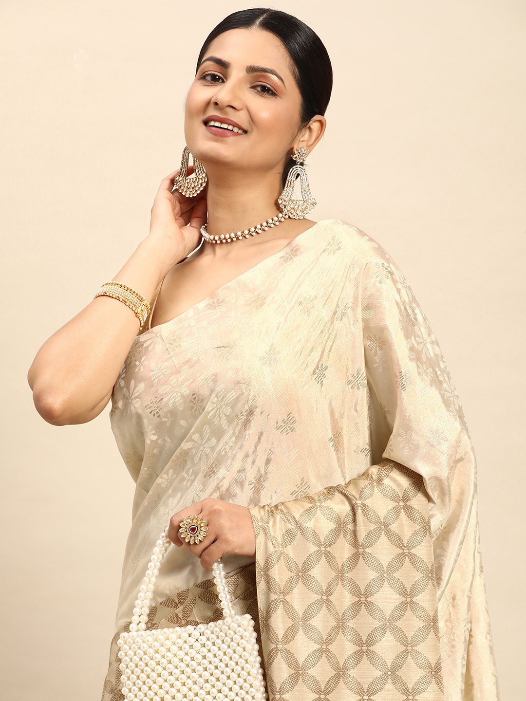 

Mitera Floral Silk Blend Saree, Off white