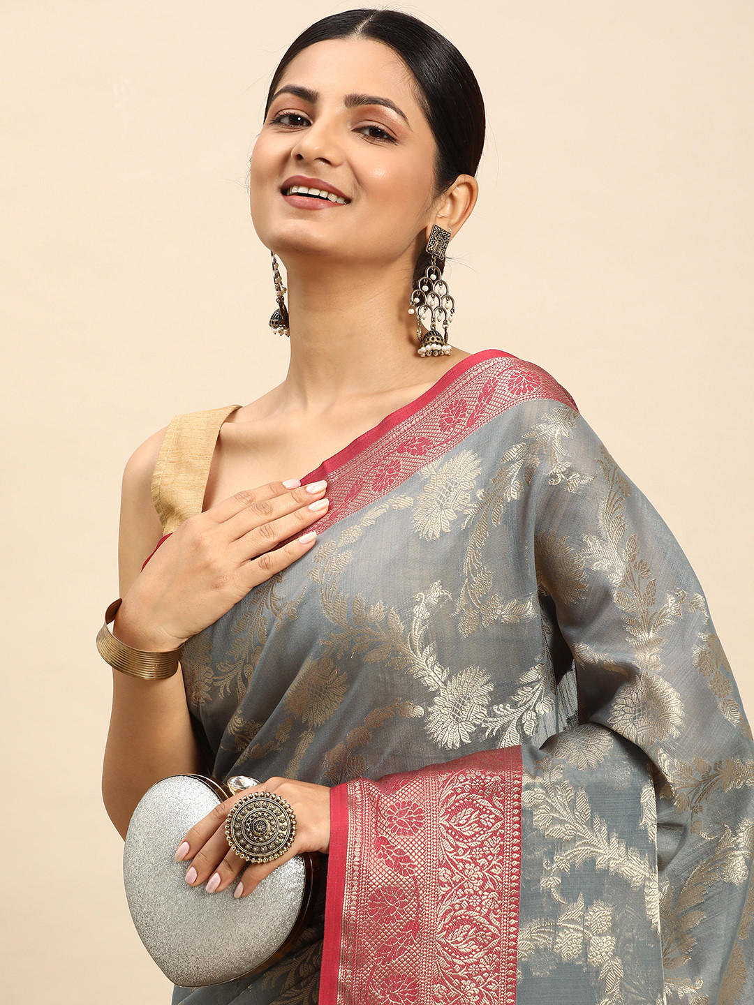 

Mitera Floral Woven Design Zari Saree, Grey