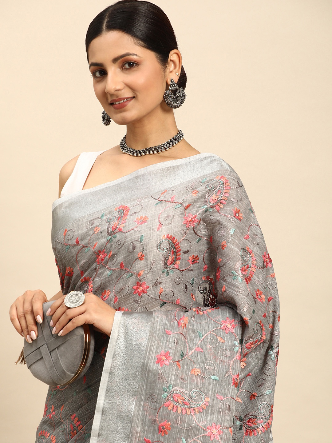 

Mitera Paisley Embroidered Linen Blend Saree, Grey