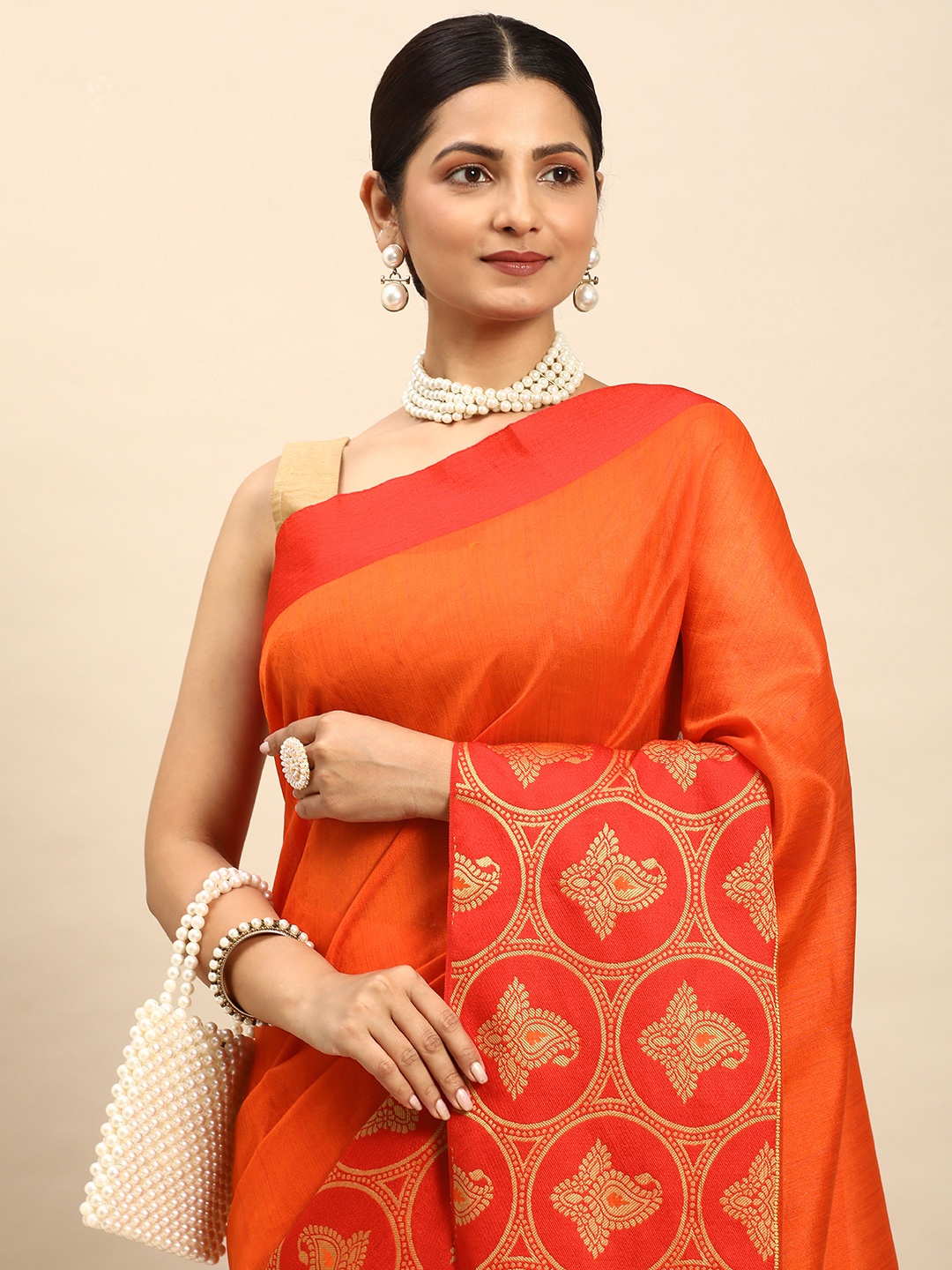 

Mitera Ethnic Motifs Jacquard Saree, Orange