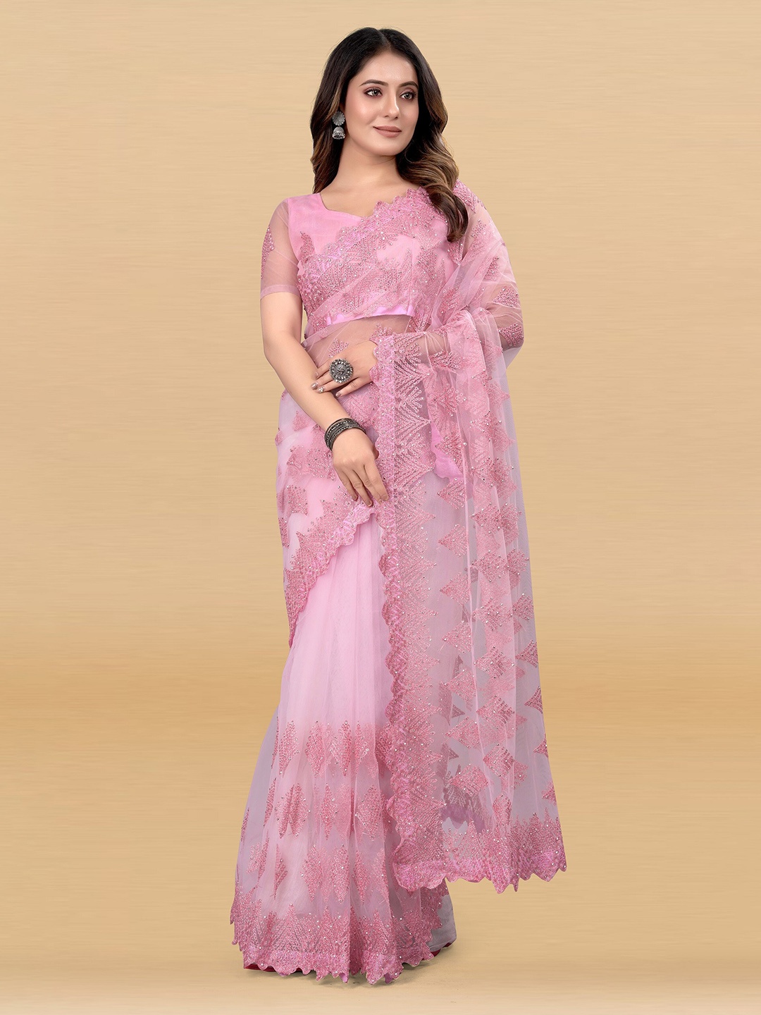 

JSItaliya Ethnic Motifs Embroidered Net Saree, Pink