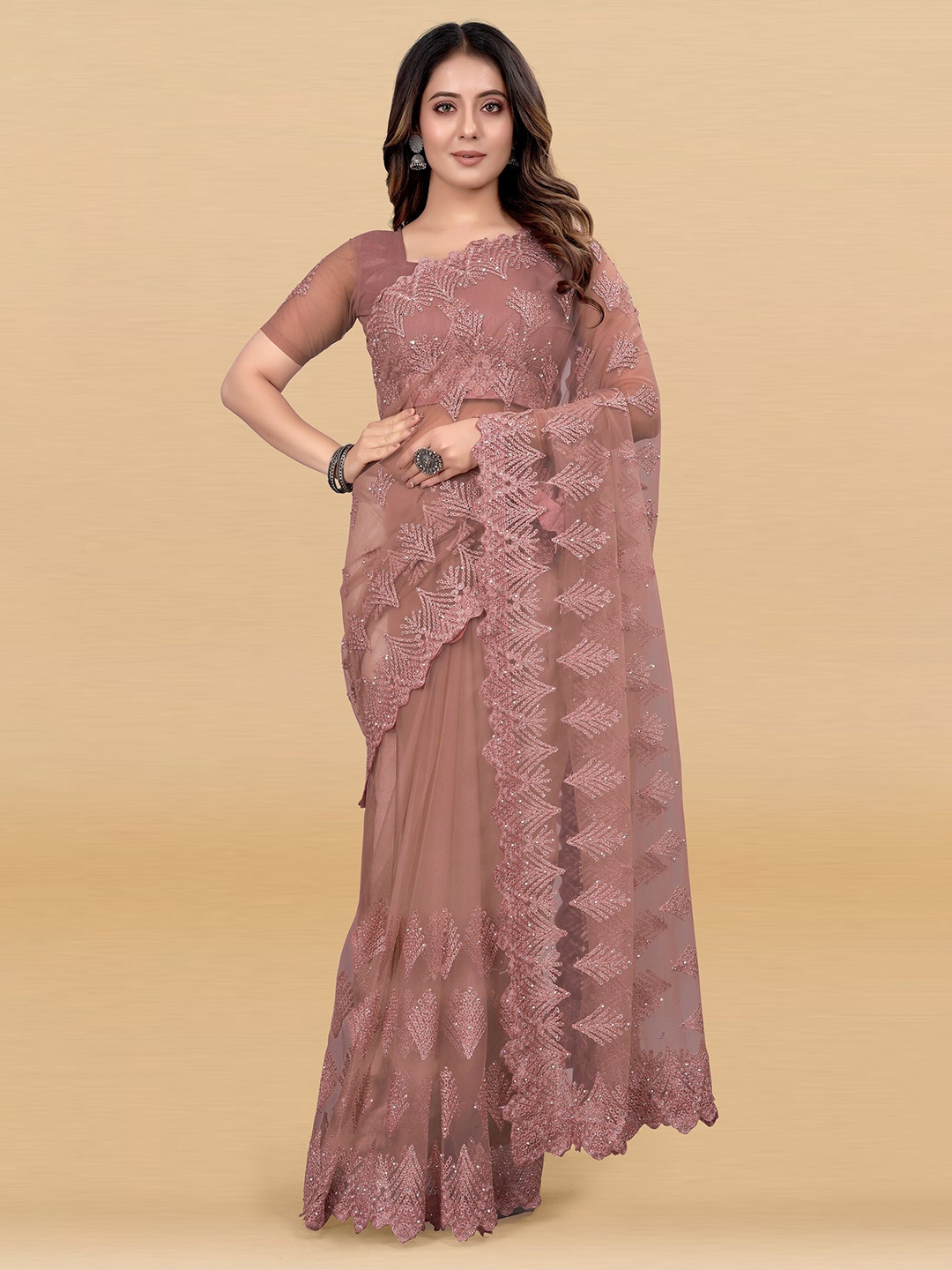 

JSItaliya Ethnic Motifs Embroidered Net Saree, Taupe