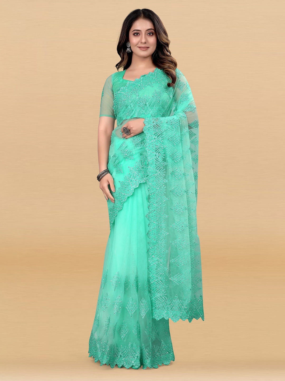 

JSItaliya Ethnic Motifs Embroidered Sequined Net Saree, Turquoise blue