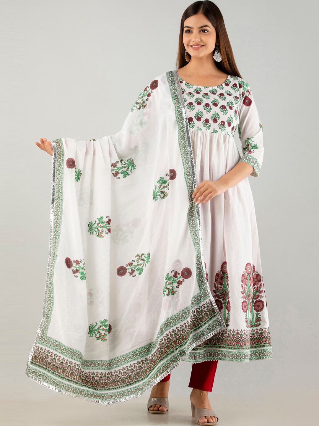 

KALINI Ethnic Motifs Printed Empire Kurta With Trousers & Dupatta, White