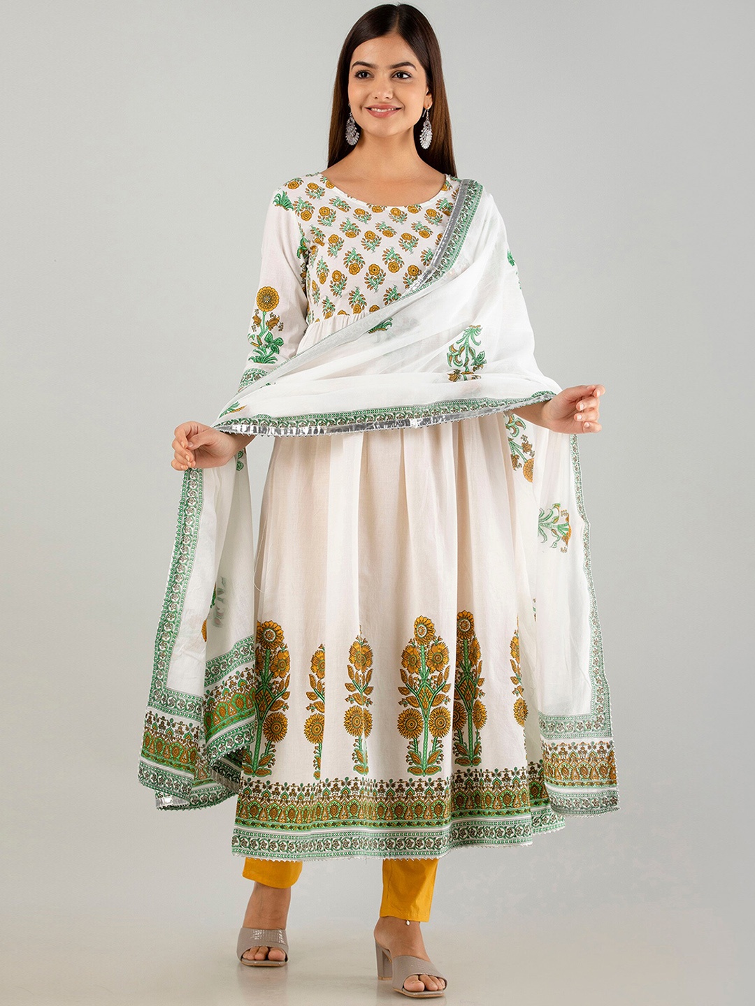 

KALINI Ethnic Motifs Printed Empire Kurta With Trousers & Dupatta, White