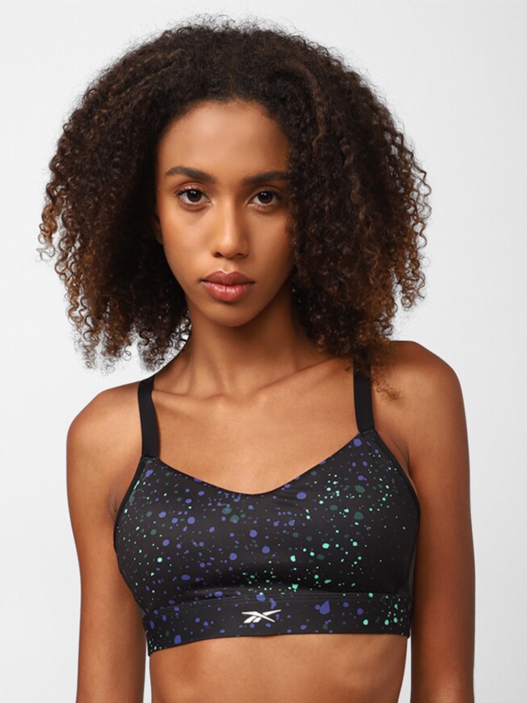 

Reebok Printed Fitness Lux Strappy Yoga AOP Sports Bra, Black