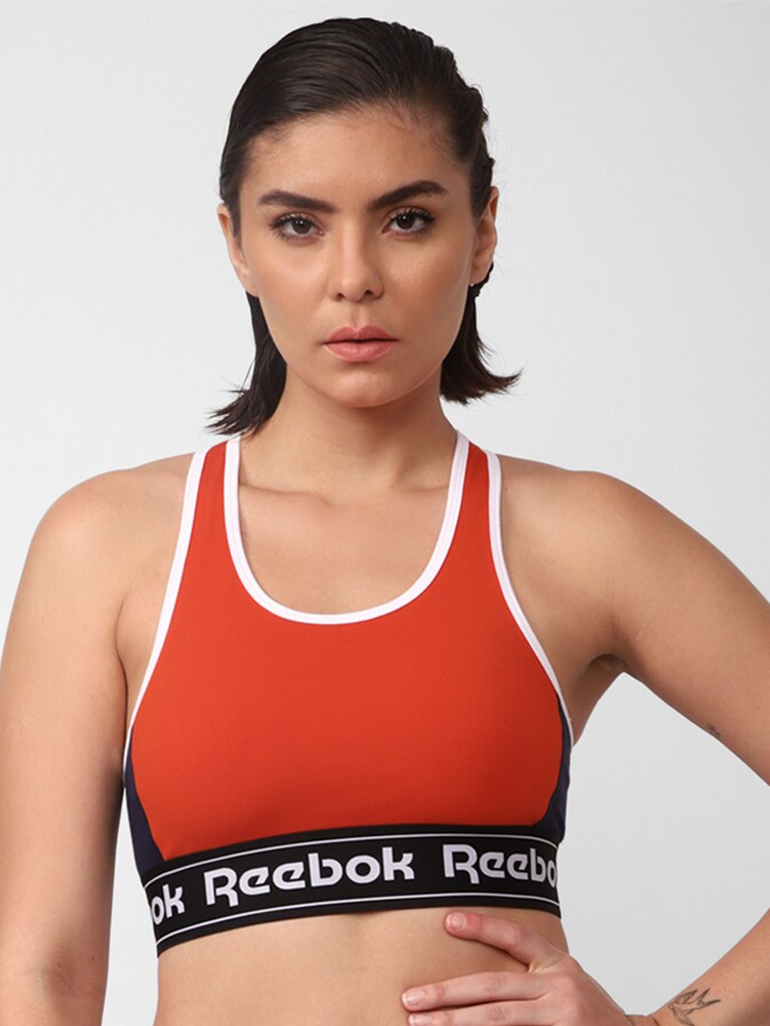 

Reebok Training Essentials Linear Logo Printed Sports Bra, Red