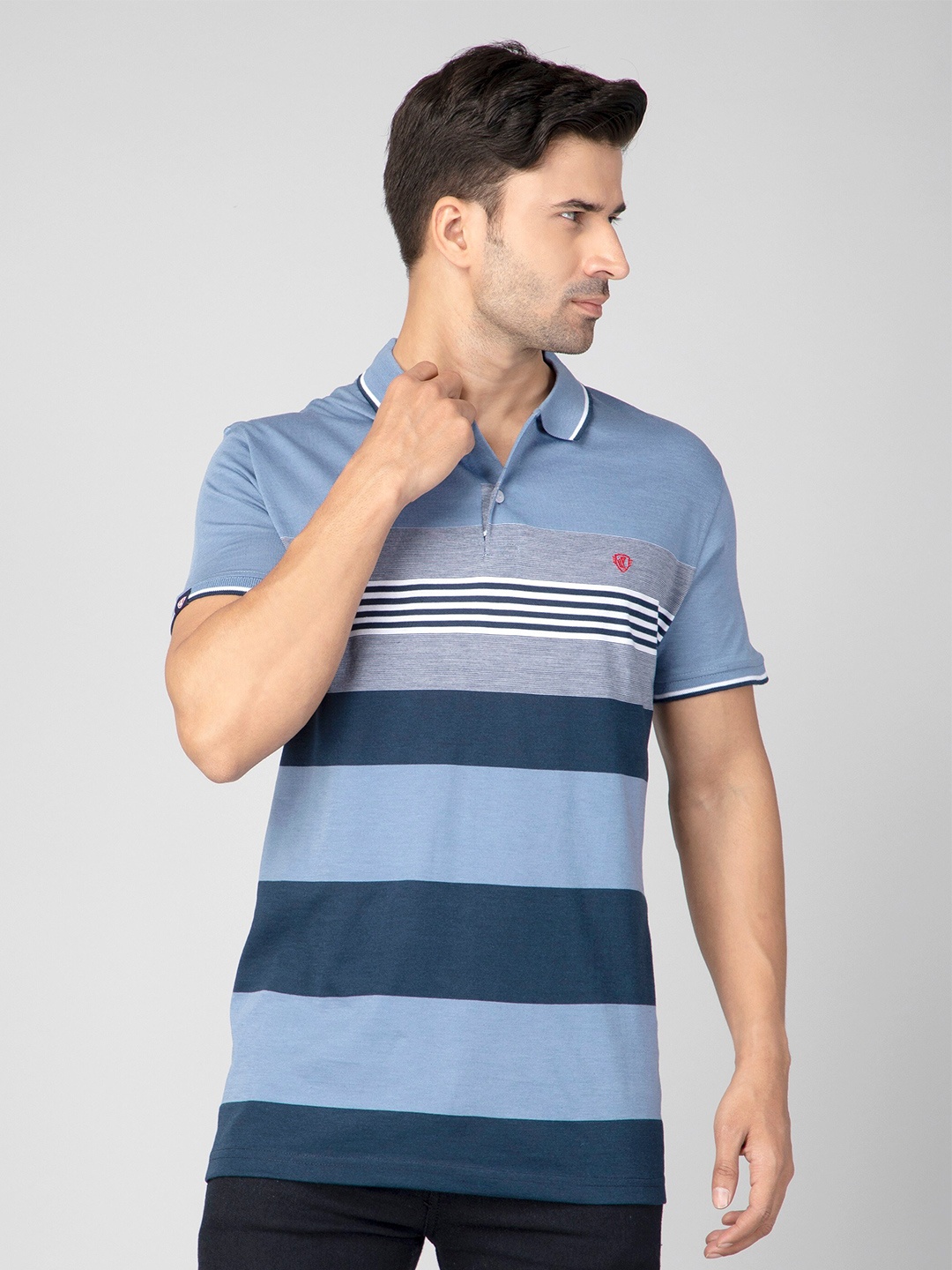 

WE PERFECT Striped Polo Collar Fusion Cotton T-Shirt, Blue