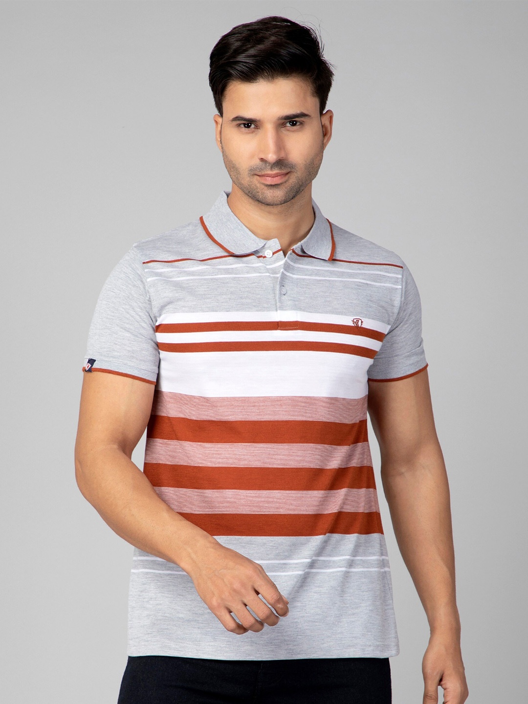 

WE PERFECT Striped Polo Collar Fusion Cotton Casual T-Shirt, Grey