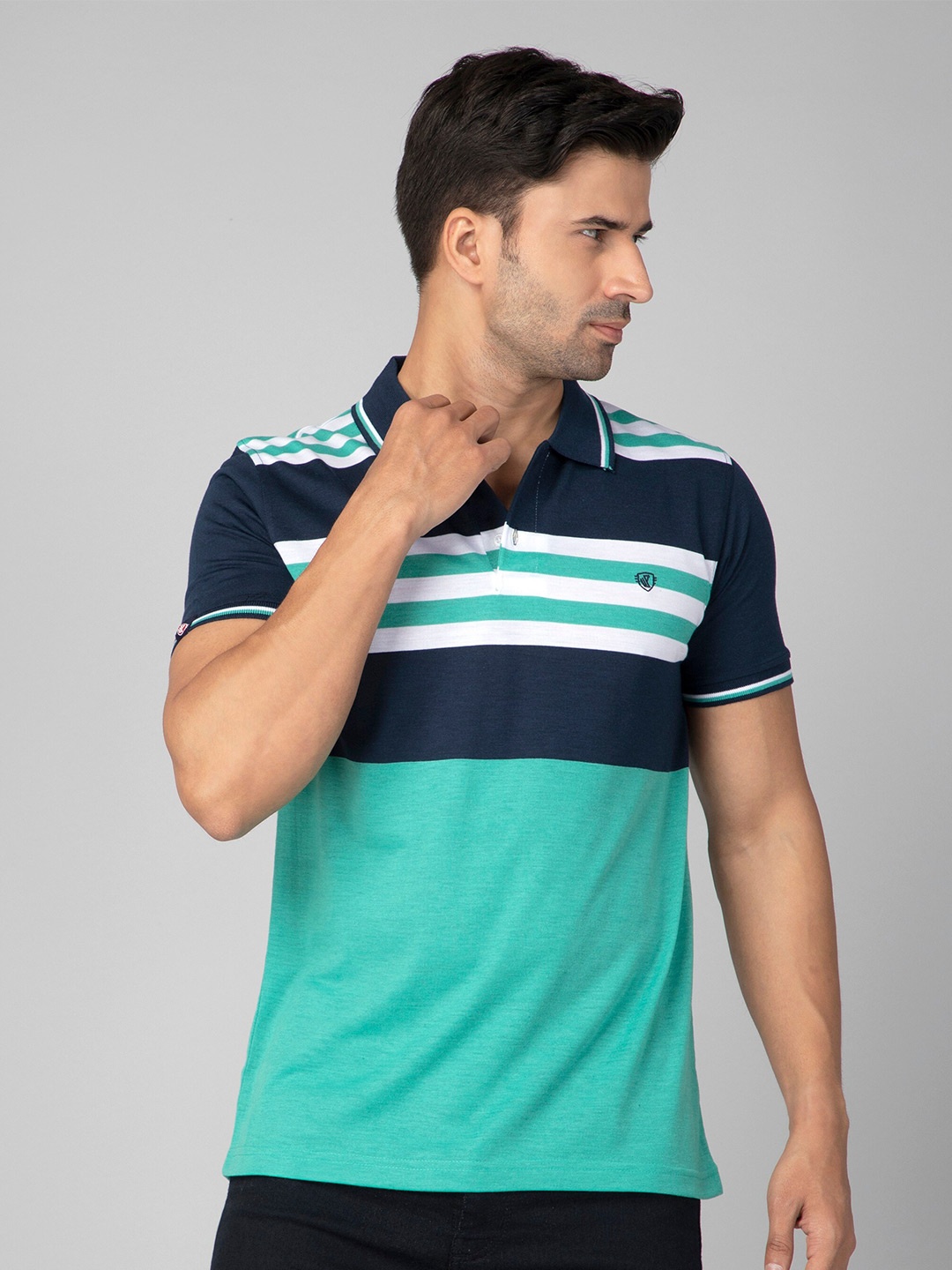 

WE PERFECT Striped Polo Collar Fusion Cotton Casual T-Shirt, Green